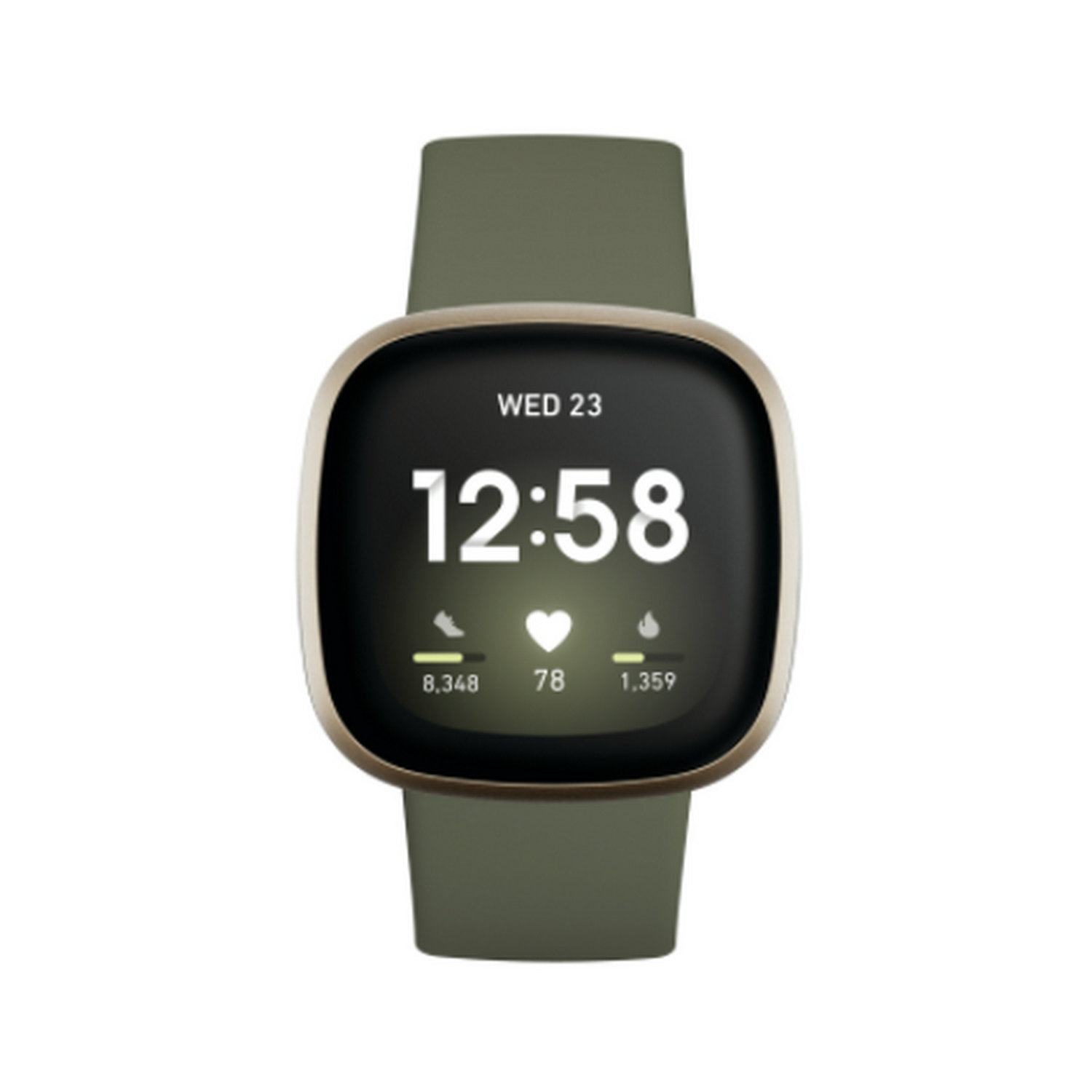 Smartwatch Fitbit Versa 4 mostrando hora, pasos, frecuencia cardíaca y calorías.