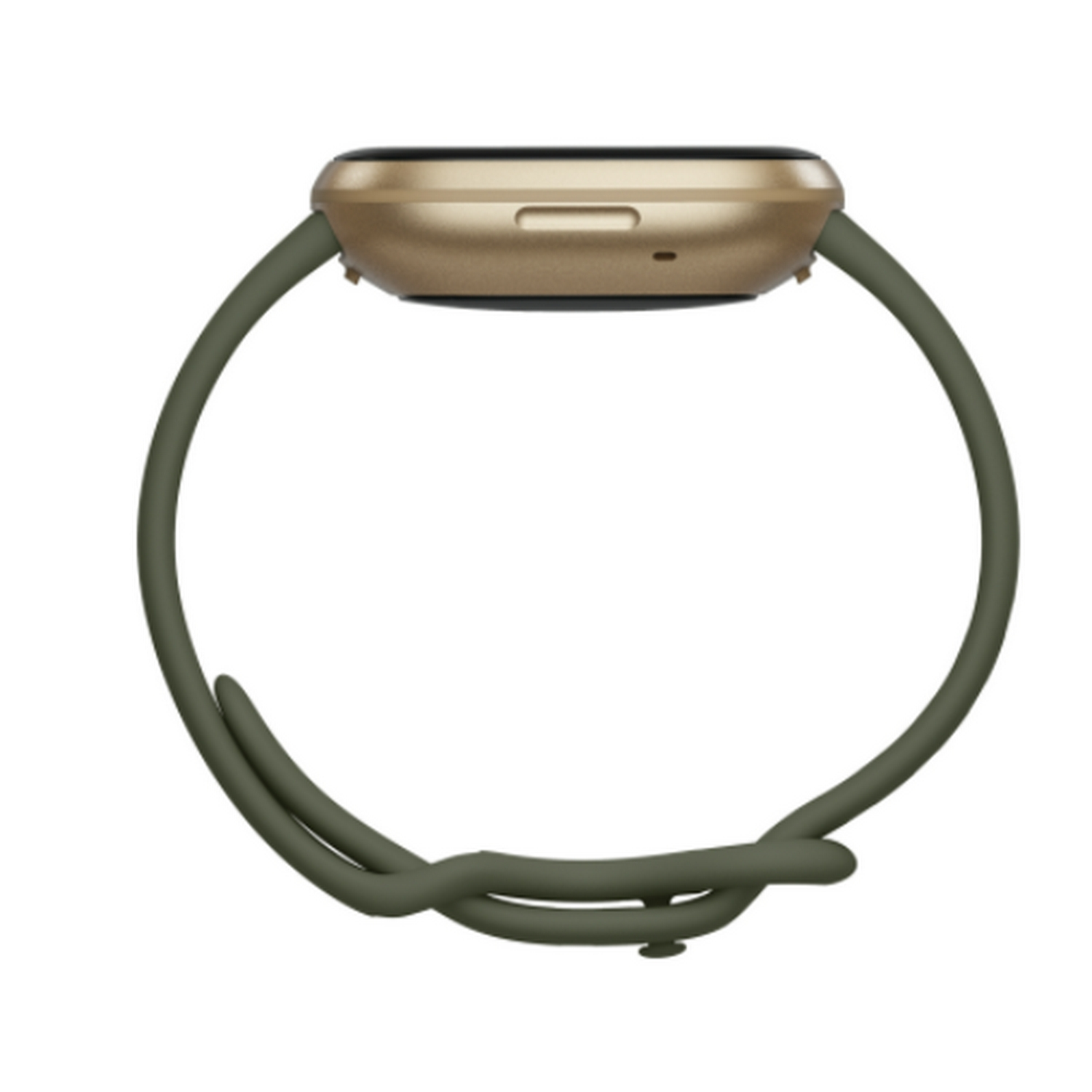 Vista lateral de un smartwatch dorado con correa verde, mostrando las funciones del reloj.
