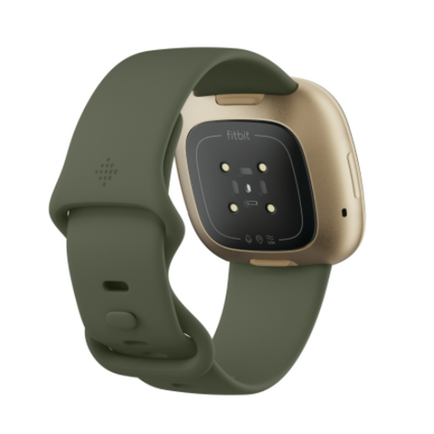 Smartwatch Fitbit mostrando la parte inferior con correa verde.