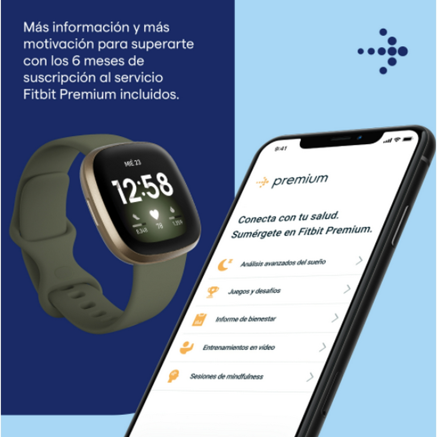 Imagen con un reloj inteligente en la muñeca. También se muestra un teléfono, con texto sobre fondo azul.