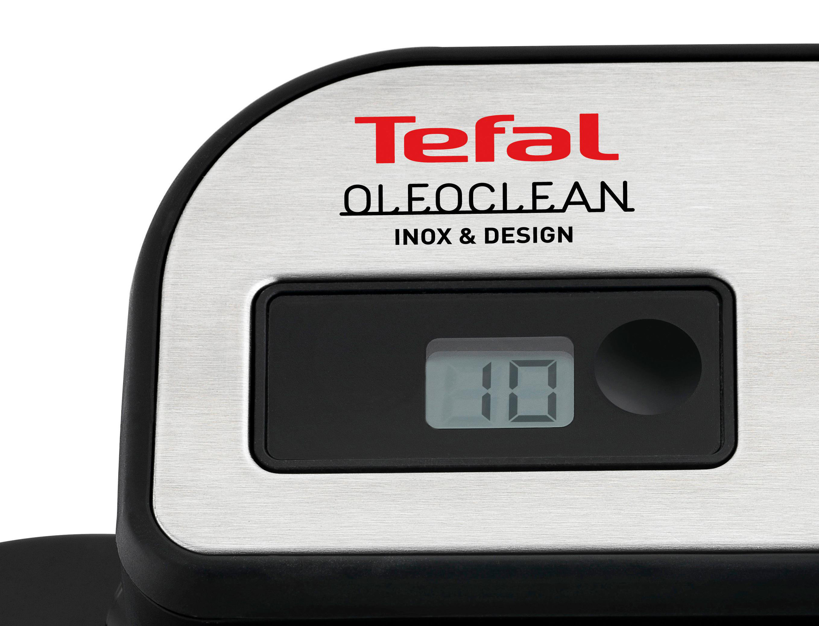 Nahaufnahme des Bedienfelds einer Tefal Oleoclean Fritteuse. Sie hat eine Digitalanzeige mit der Anzeige '10'.