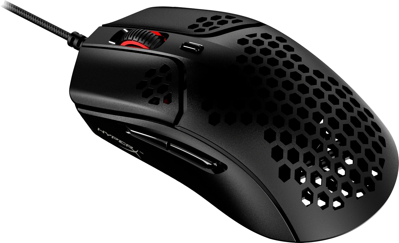 Souris gaming noire. Design en nid d'abeille, molette rouge et boutons.