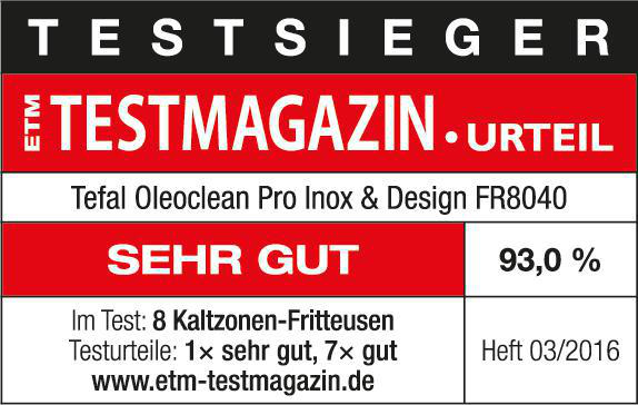 Etikett mit Text zum Tefal Oleoclean Pro Inox & Design FR8040. Es hat die Bewertung 'SEHR GUT'.
