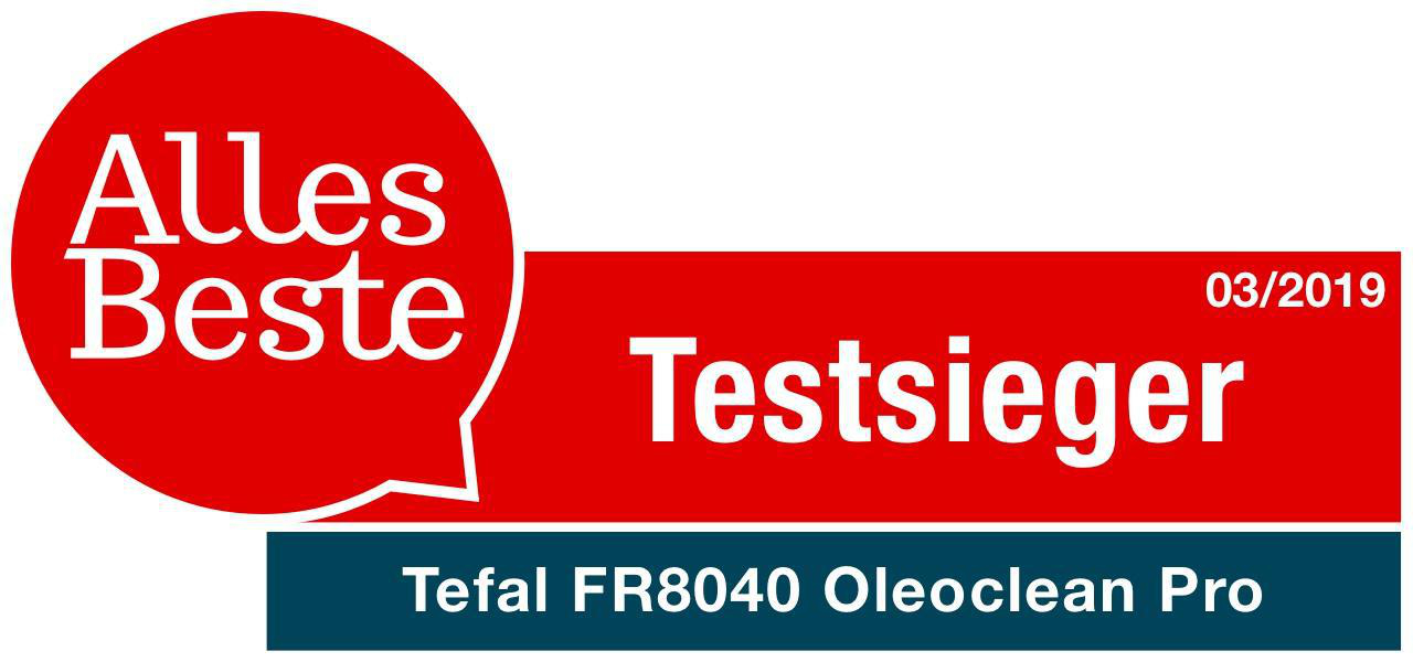 Ein rot-weißes Bild eines Tefal-Produkts mit einer Auszeichnung 'Testsieger', was auf Qualität hindeutet.