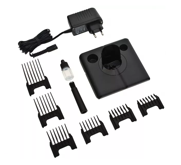 Ein Haarschneidegerät mit Zubehör, einschließlich Kämmen und einer Ladestation.