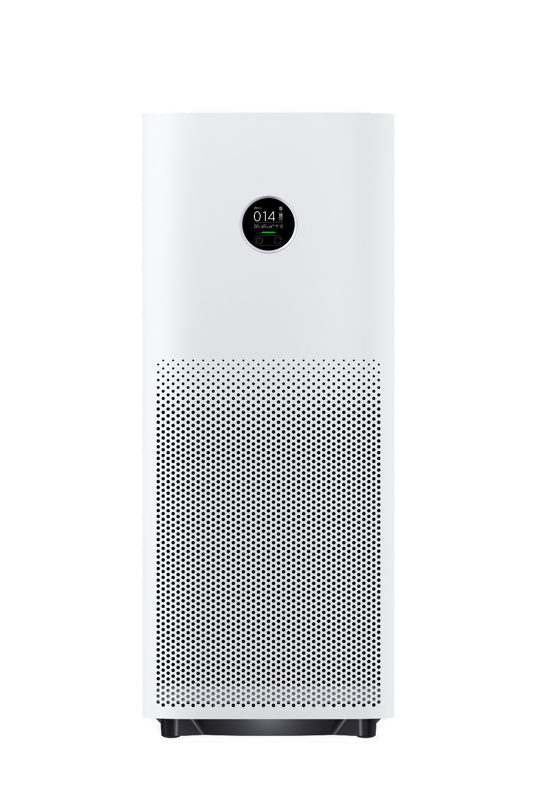 Ön tarafında dairesel bir ekran ve havalandırma delikleri olan beyaz hava temizleyici.