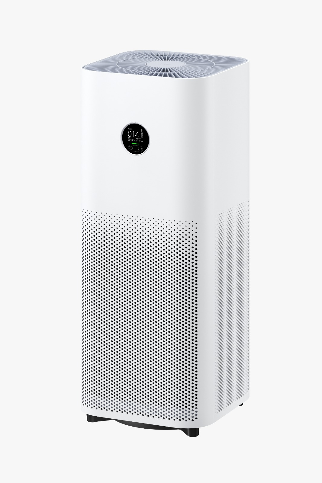 Beyaz hava temizleyici. Dijital bir ekranı ve delikli bir ön yüzü var. Siyah taban.
