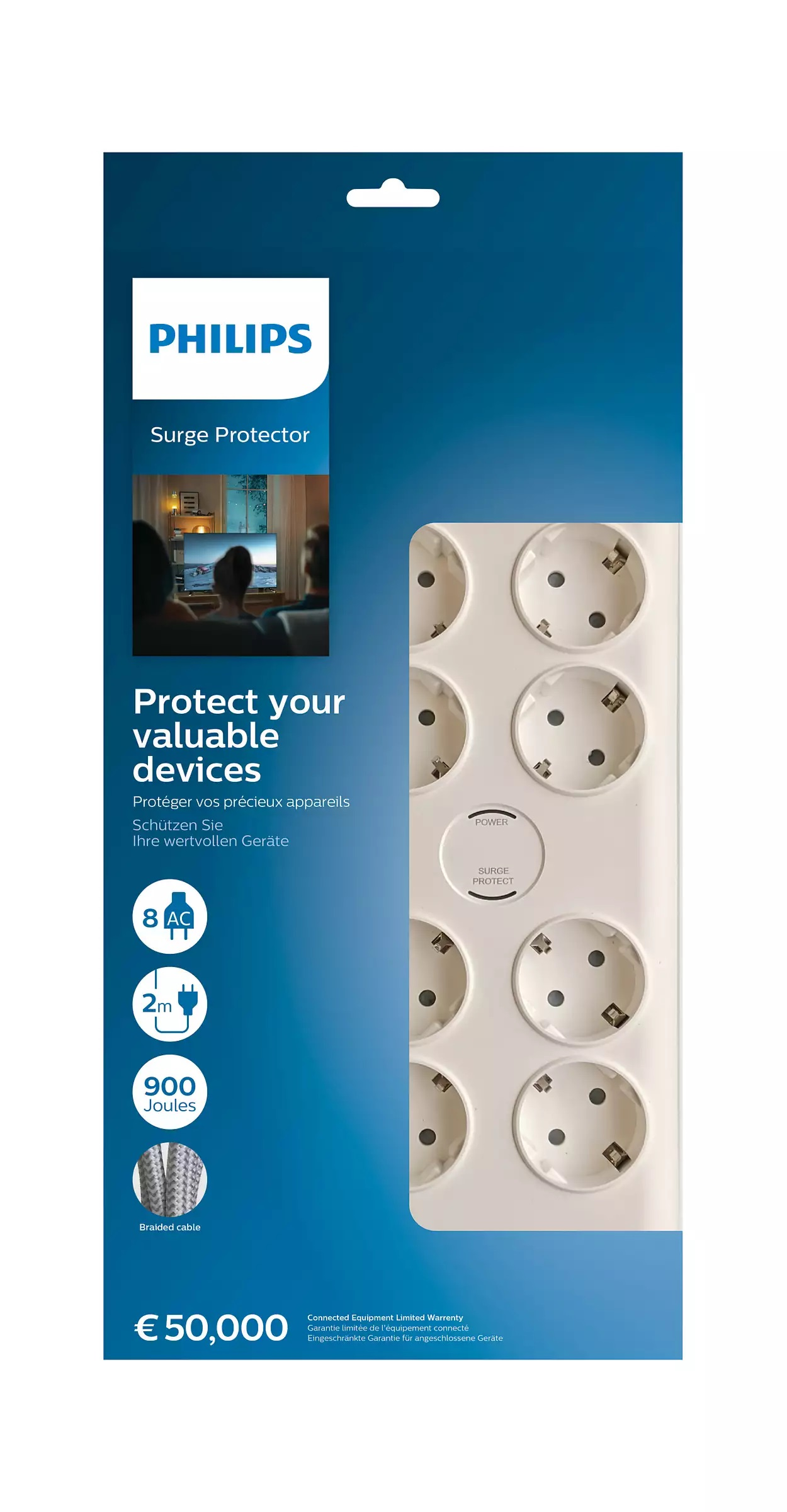Philips dalgalanma koruyucu paketi, içinde bir priz şeridi gösteriliyor.