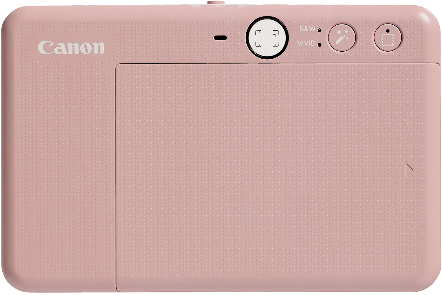 A pink Canon camera, top view. It has buttons and a small lens.