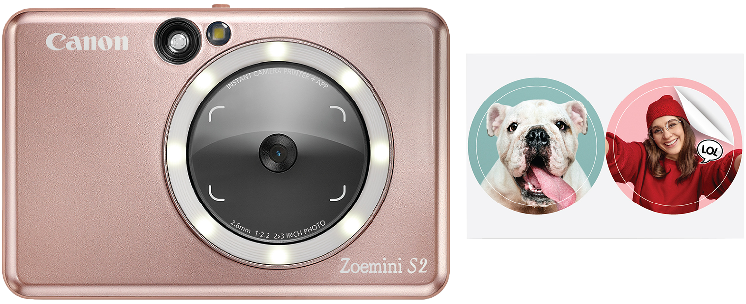 A pink instant camera with two photo inserts featuring a dog and a woman.