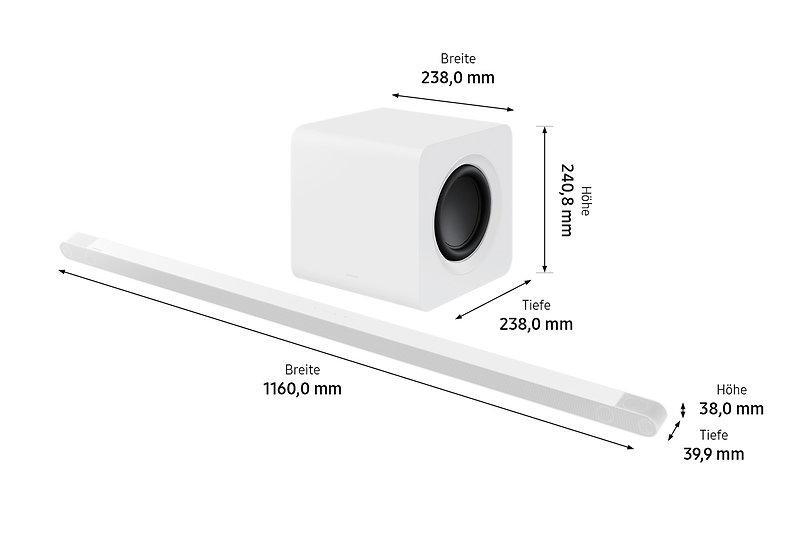 Weiße Soundbar und Subwoofer. Abmessungen werden angezeigt.