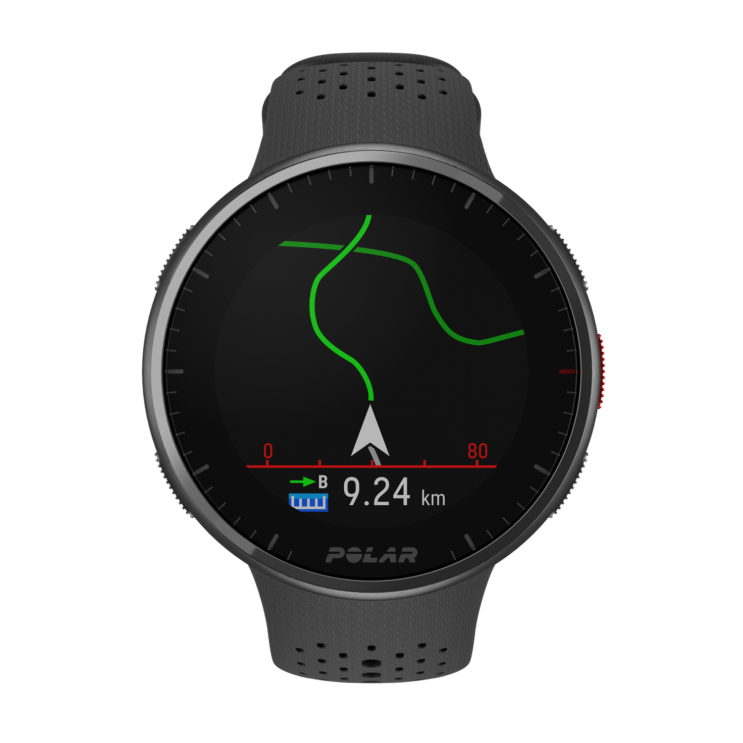 Reloj Polar que muestra un mapa de ruta. El reloj es negro y gris, con una ruta verde en la pantalla.