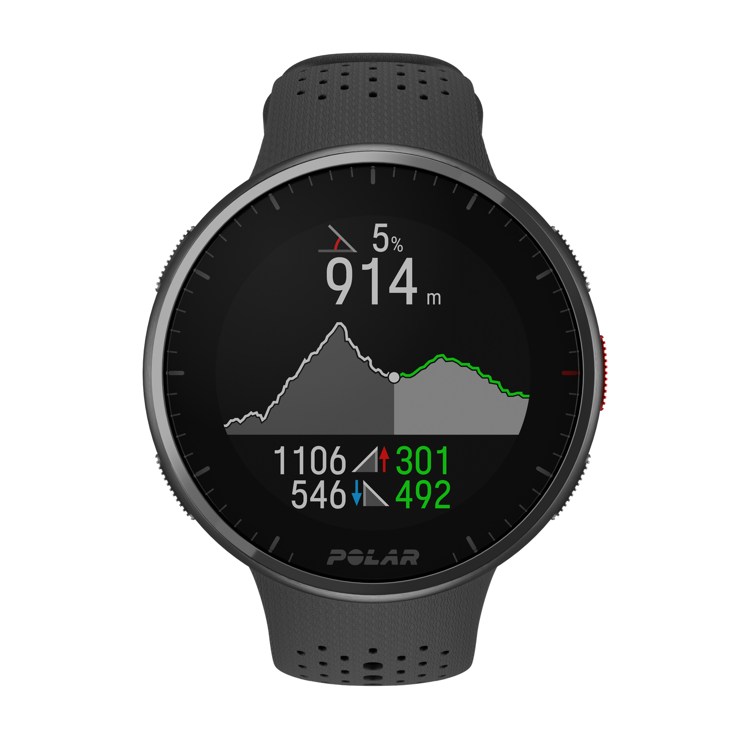 Reloj Polar negro que muestra un gráfico de elevación. El reloj tiene una correa gris. La pantalla muestra datos.