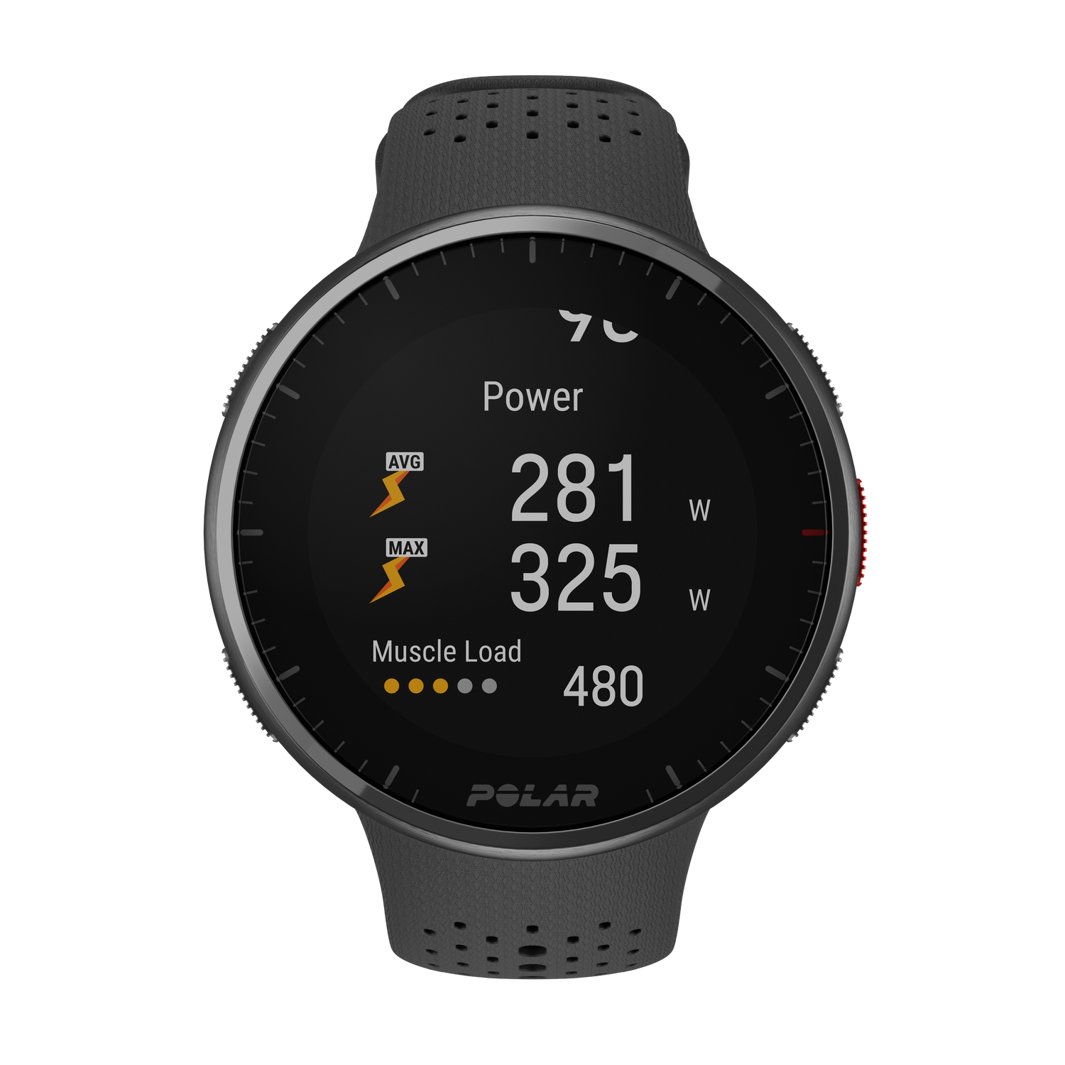 Pantalla de smartwatch mostrando niveles de potencia. Muestra 281W AVG, 325W MAX y carga muscular 480.