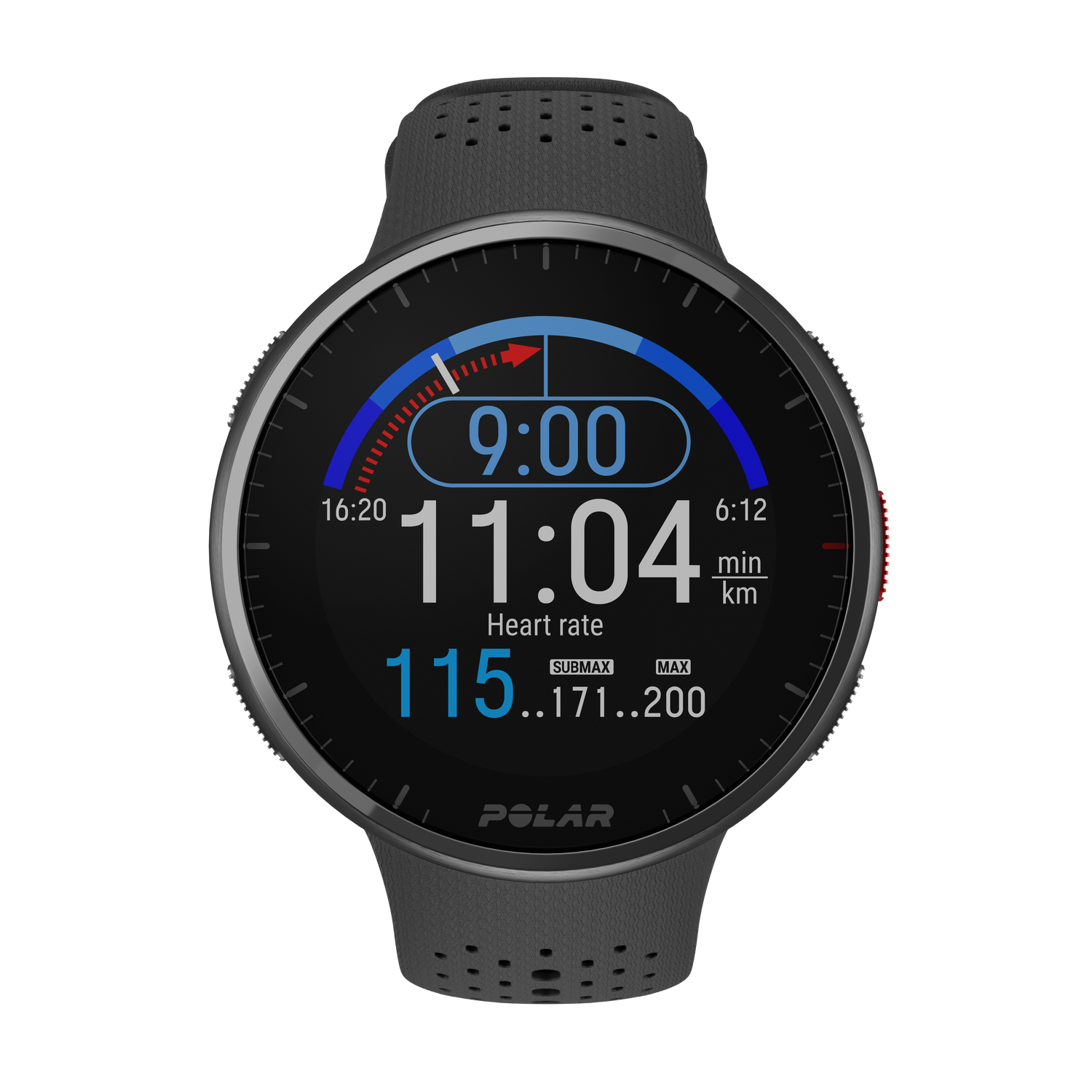 Un reloj inteligente negro que muestra la hora y datos de frecuencia cardíaca, con acentos en azul y rojo.