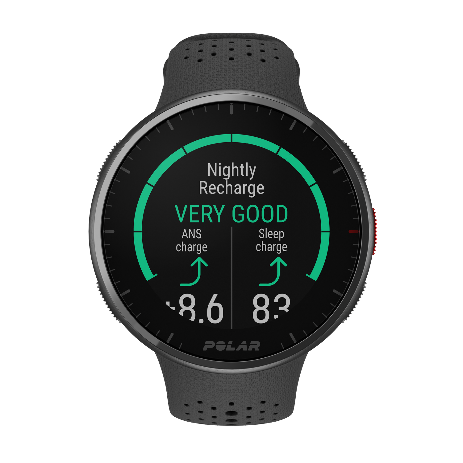 Reloj inteligente que muestra Nightly Recharge. La pantalla muestra Muy bueno y puntuaciones de carga ANS/Sueño.