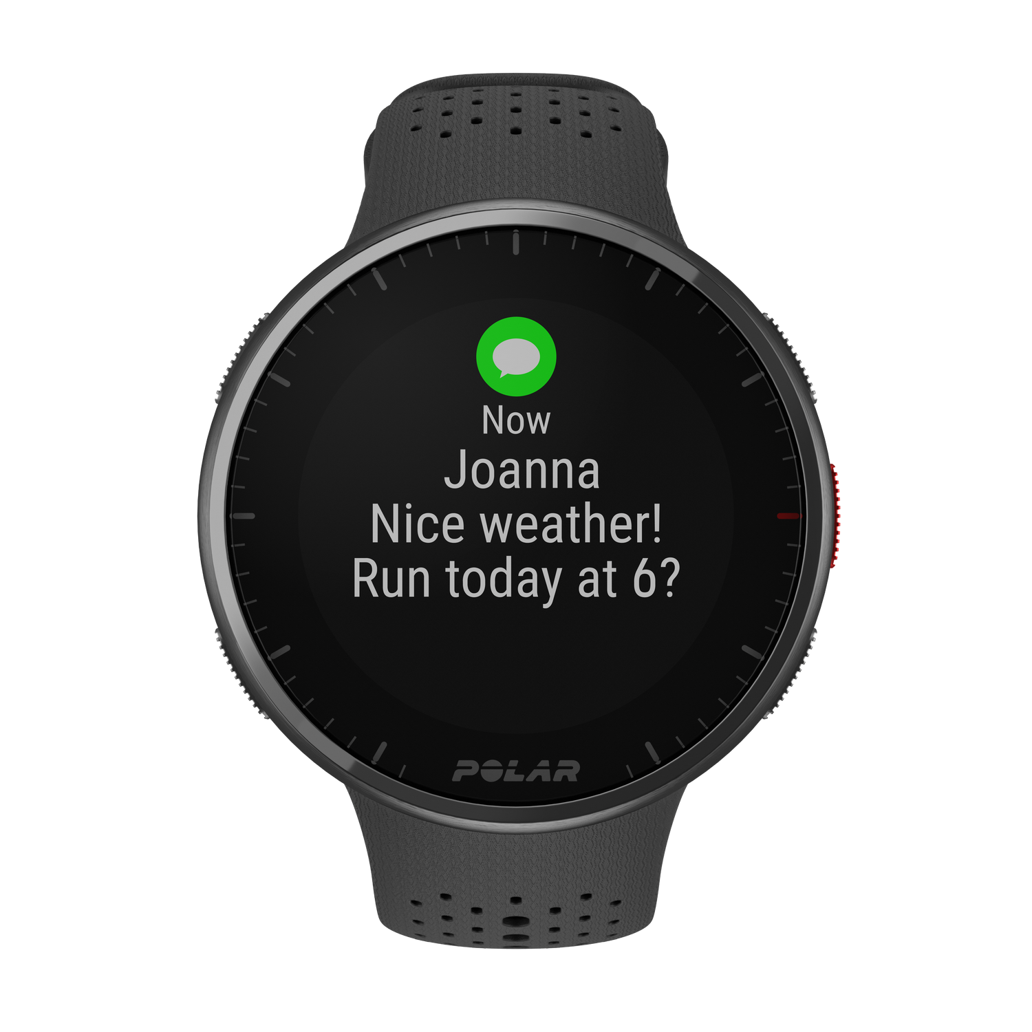 Un smartwatch Polar que muestra un mensaje de Joanna sobre correr hoy, con un icono de chat verde.