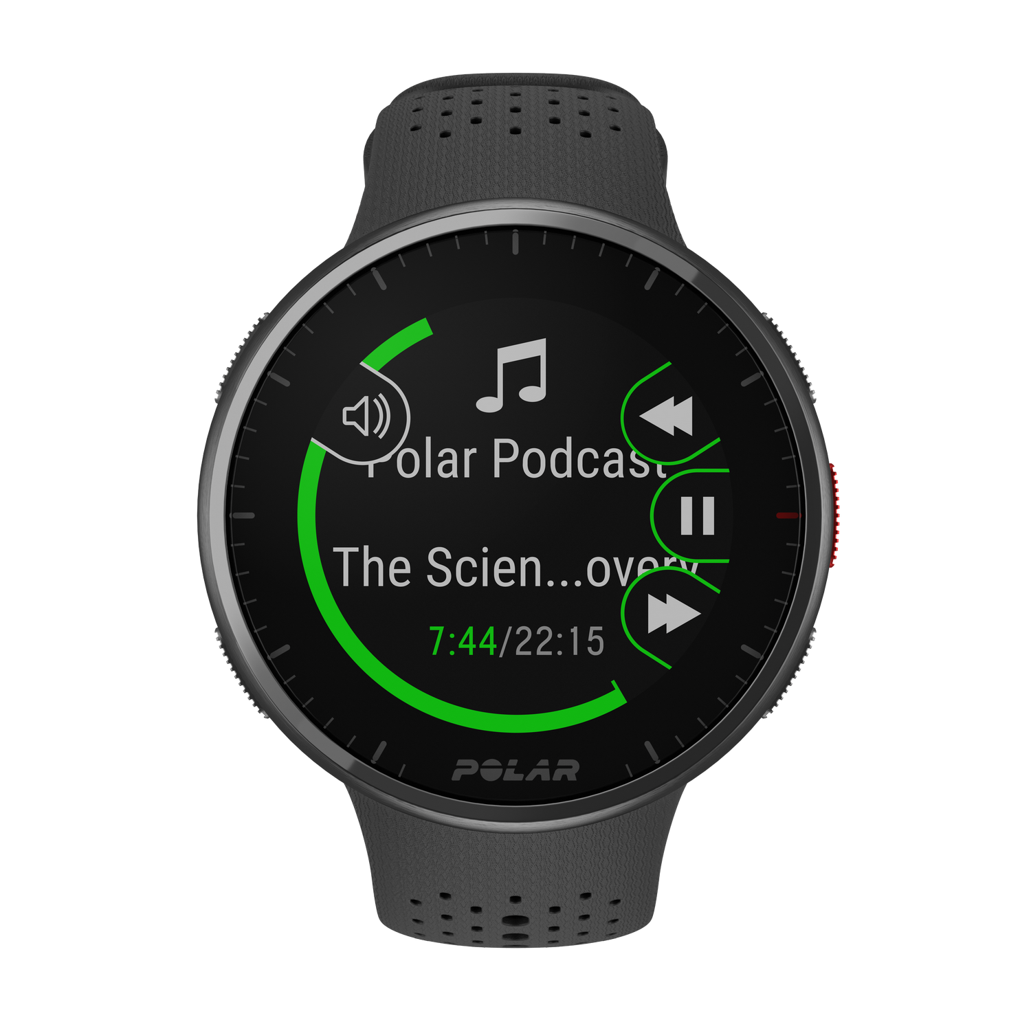 Un reloj inteligente Polar negro que muestra controles de música e información de podcast en una pantalla verde.
