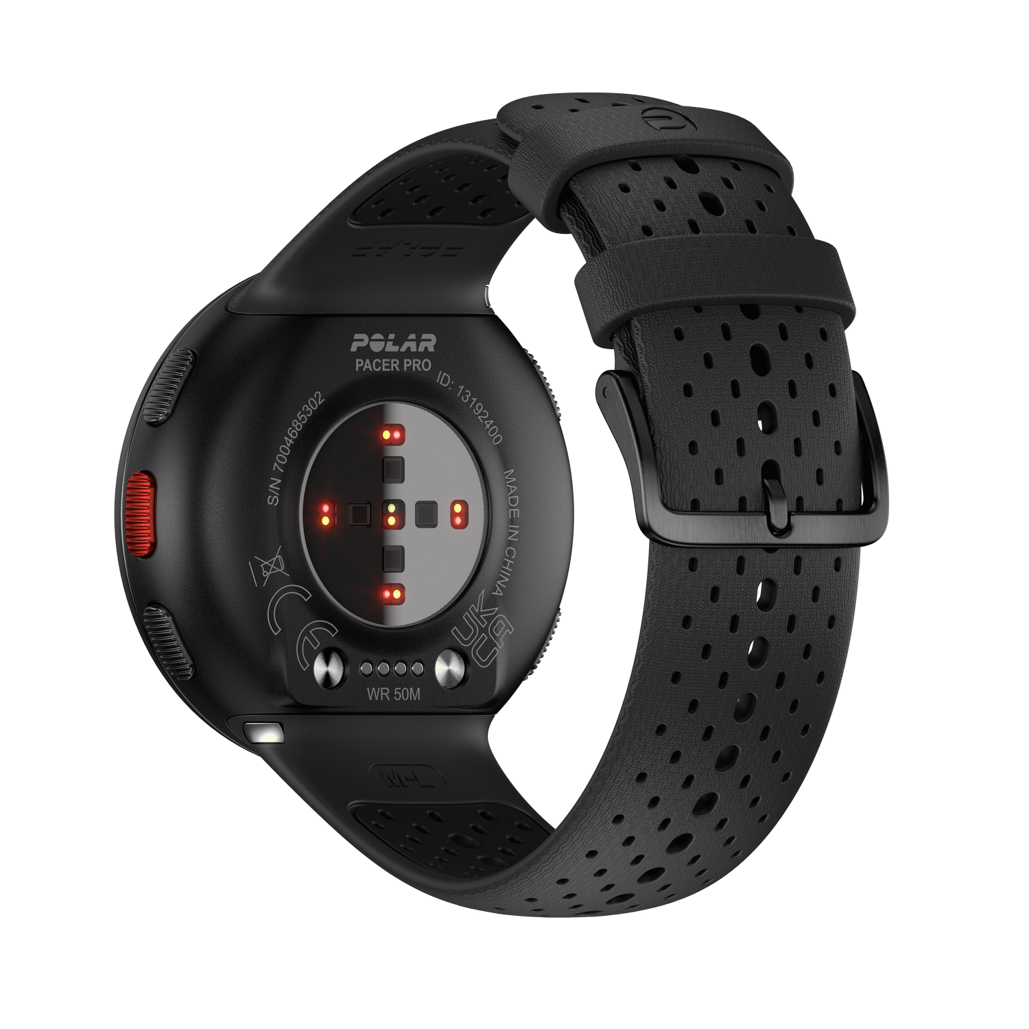 La parte trasera de un reloj Polar Pacer Pro negro con una correa negra. El fondo es oscuro.