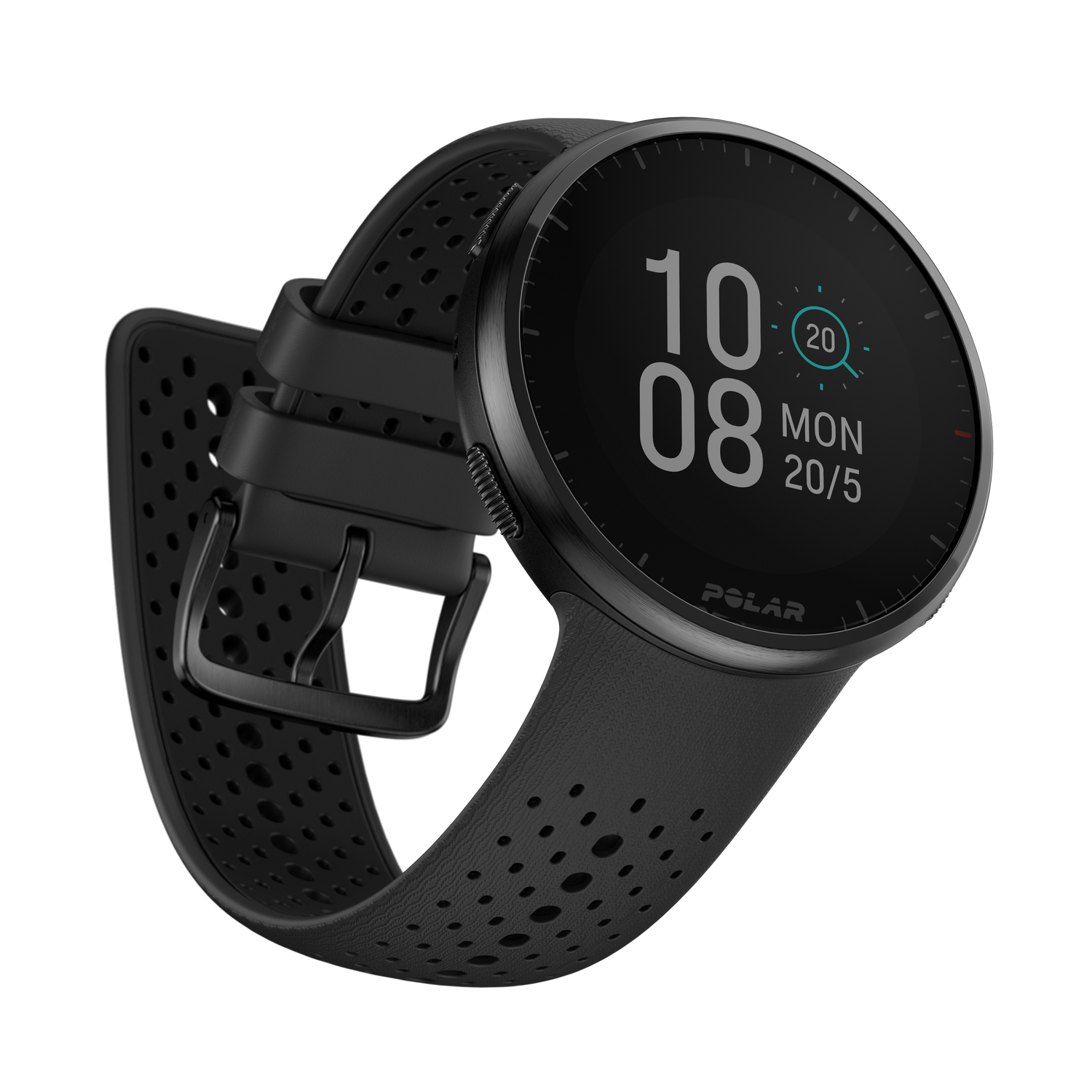 Reloj inteligente Polar negro con hora y fecha mostradas. El reloj tiene una correa perforada.