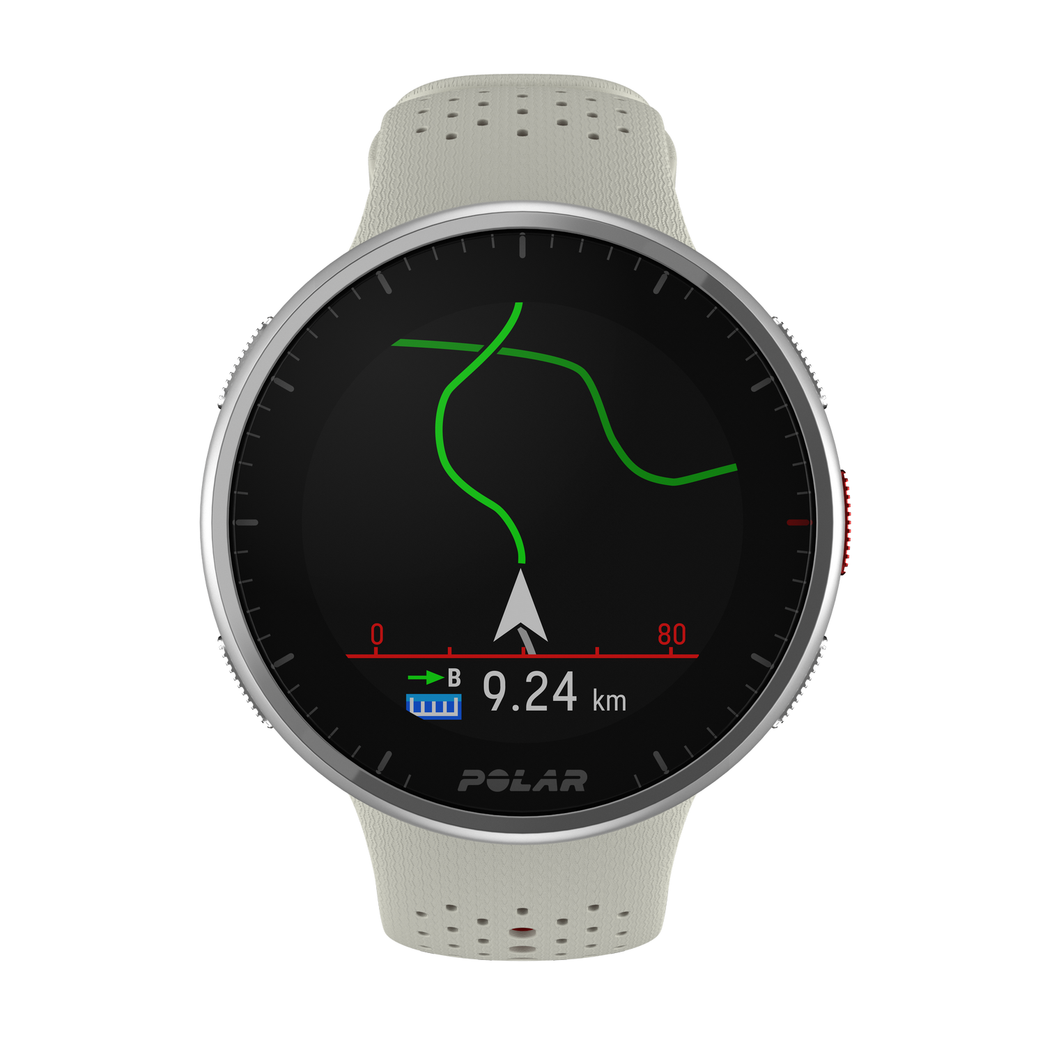 Reloj Polar crema que muestra un mapa de ruta verde. El reloj tiene una correa crema. La pantalla muestra datos.