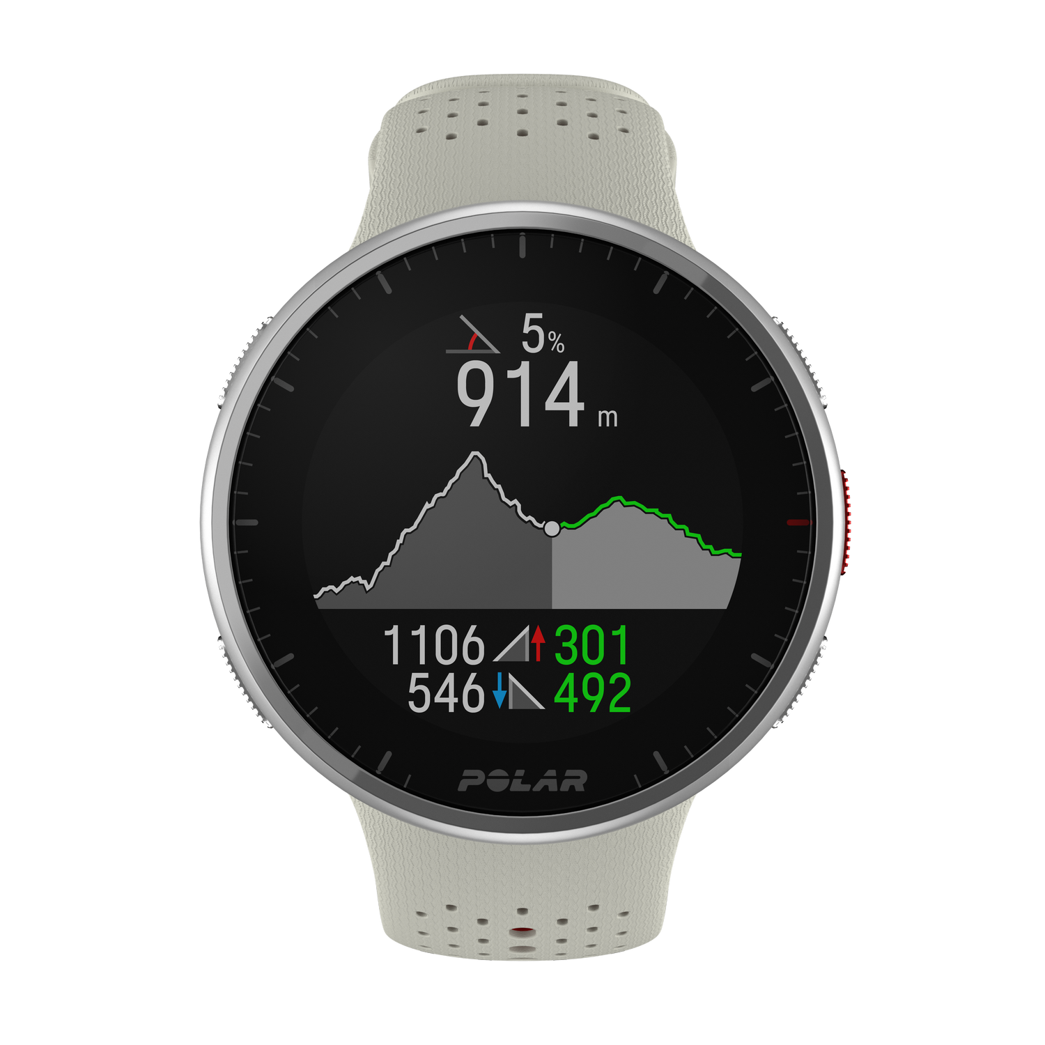 Reloj Polar con pantalla mostrando un gráfico de montaña y datos. Correa gris claro, bisel plateado.