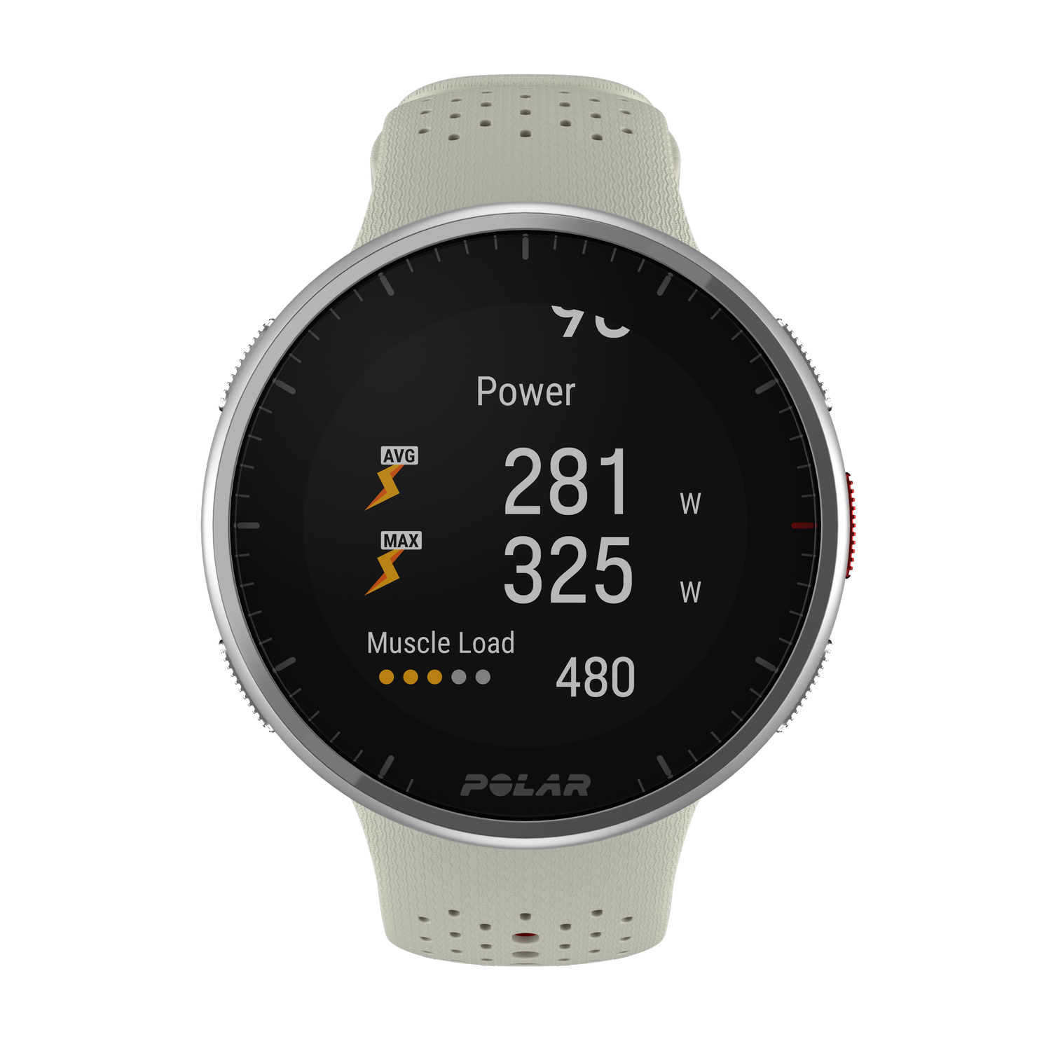 Un smartwatch Polar muestra datos de potencia, carga muscular y frecuencia cardíaca sobre fondo negro.