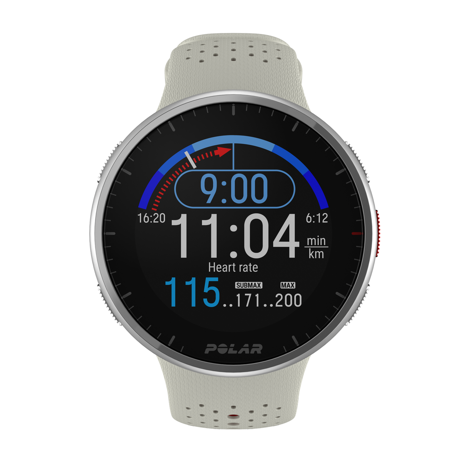 Reloj inteligente gris que muestra la hora, la frecuencia cardíaca y otras métricas, con correa gris claro.