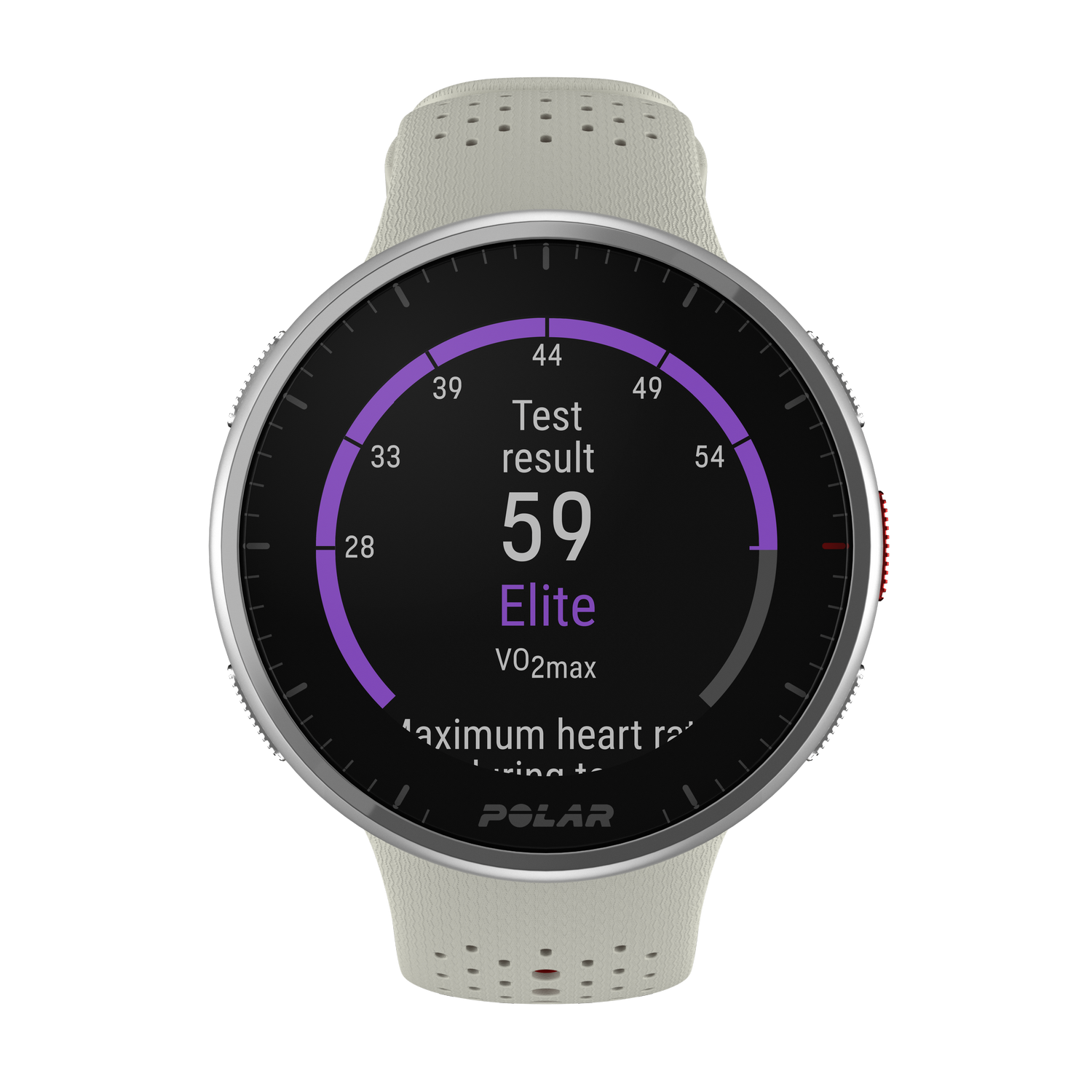 Un smartwatch muestra datos de frecuencia cardíaca. La pantalla muestra 'Resultado de la prueba 59 Elite'.