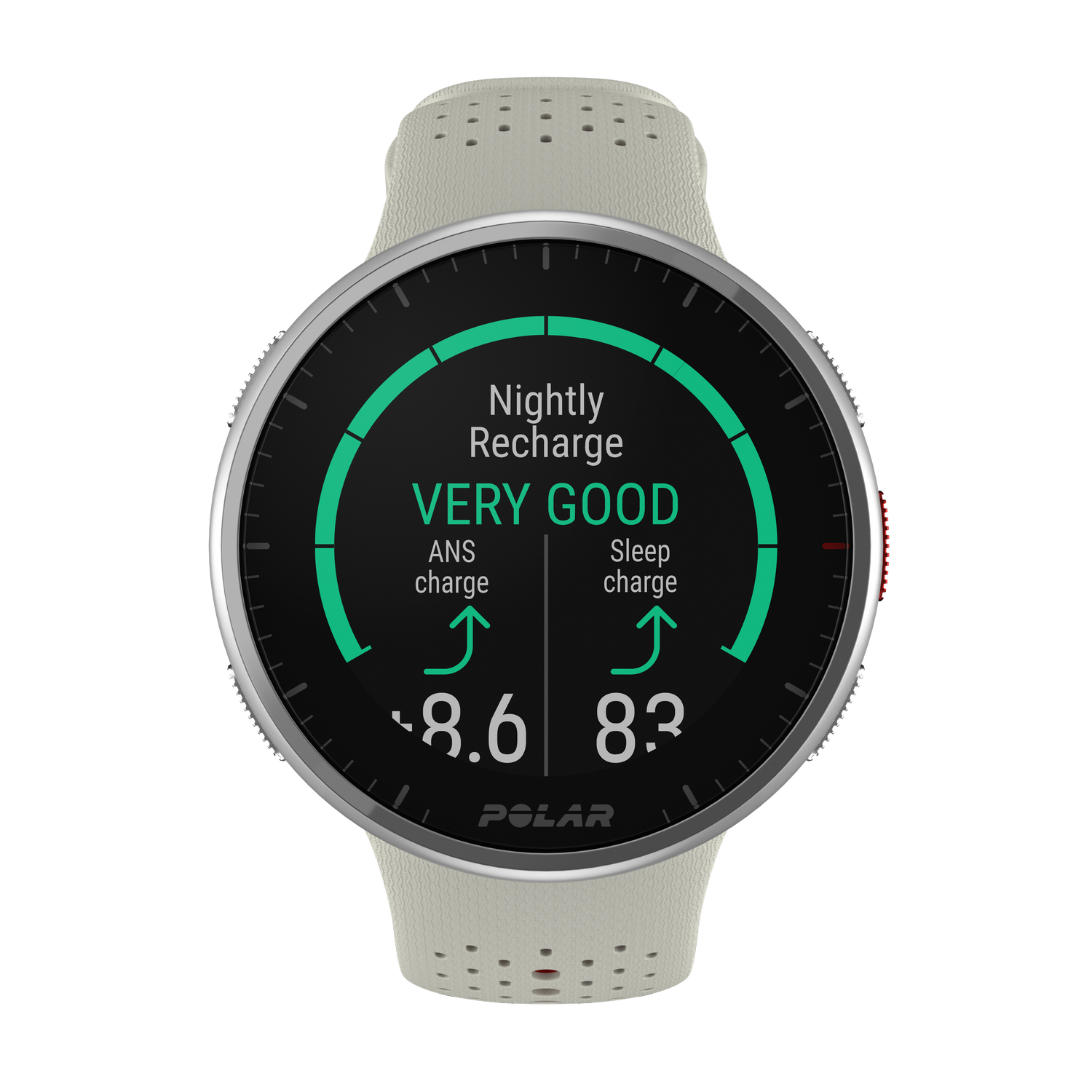 Un reloj inteligente Polar con una correa blanca, que muestra datos de sueño y actividad en su pantalla.