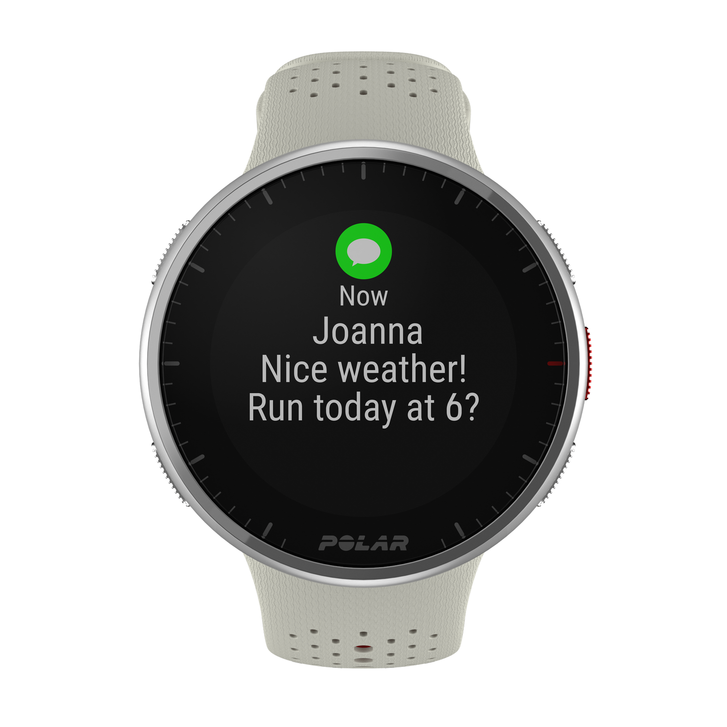 Smartwatch Polar mostrando un mensaje de texto: "¡Buen tiempo! ¿Correr hoy a las 6?"