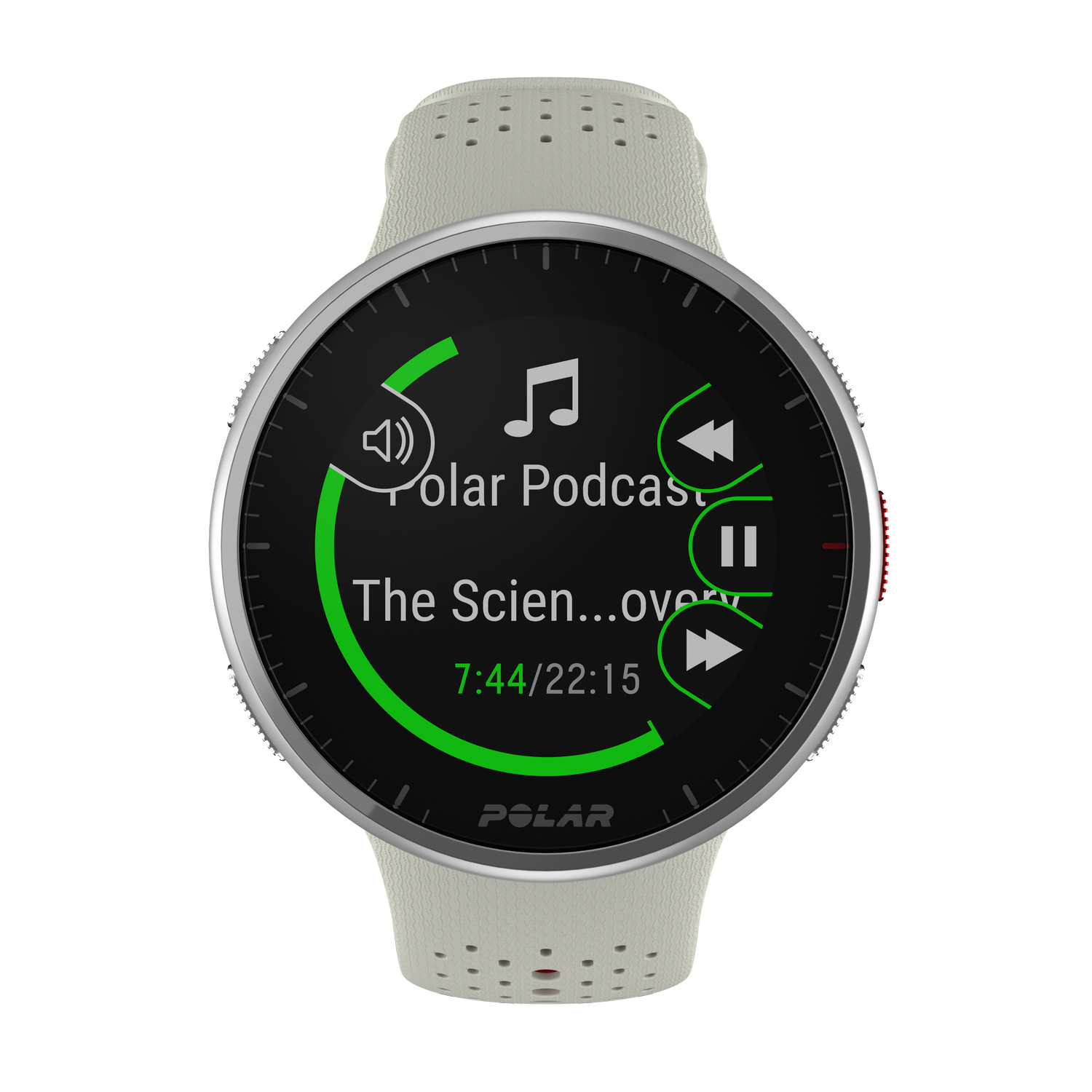 Un reloj inteligente muestra una interfaz de reproductor de música. Muestra el título de una canción y la barra de progreso.