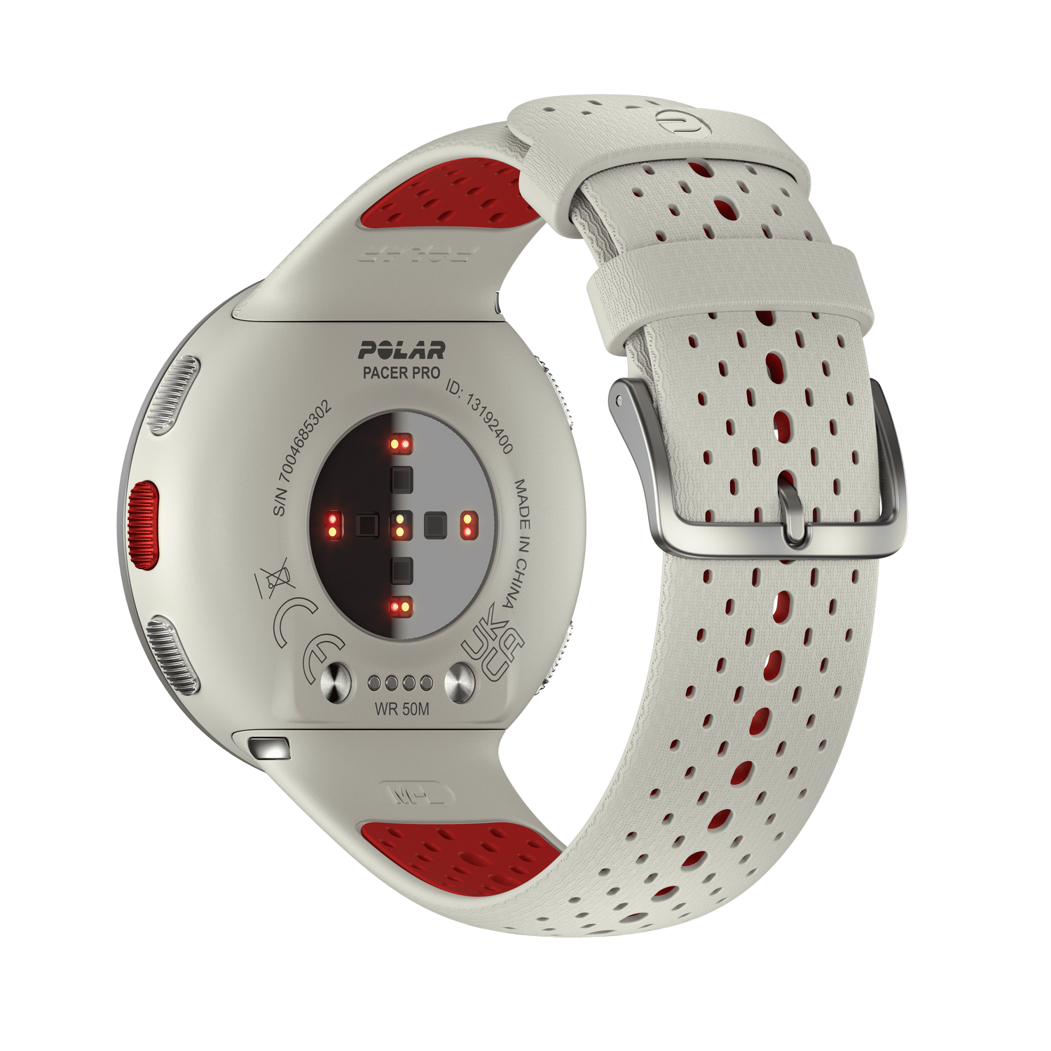 Parte trasera de un reloj Polar Pacer Pro, que muestra sensores y una correa blanca y roja.