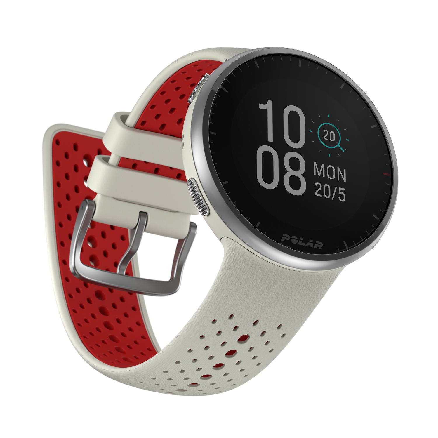 Smartwatch Polar, correa blanca con interior rojo, mostrando hora y fecha.