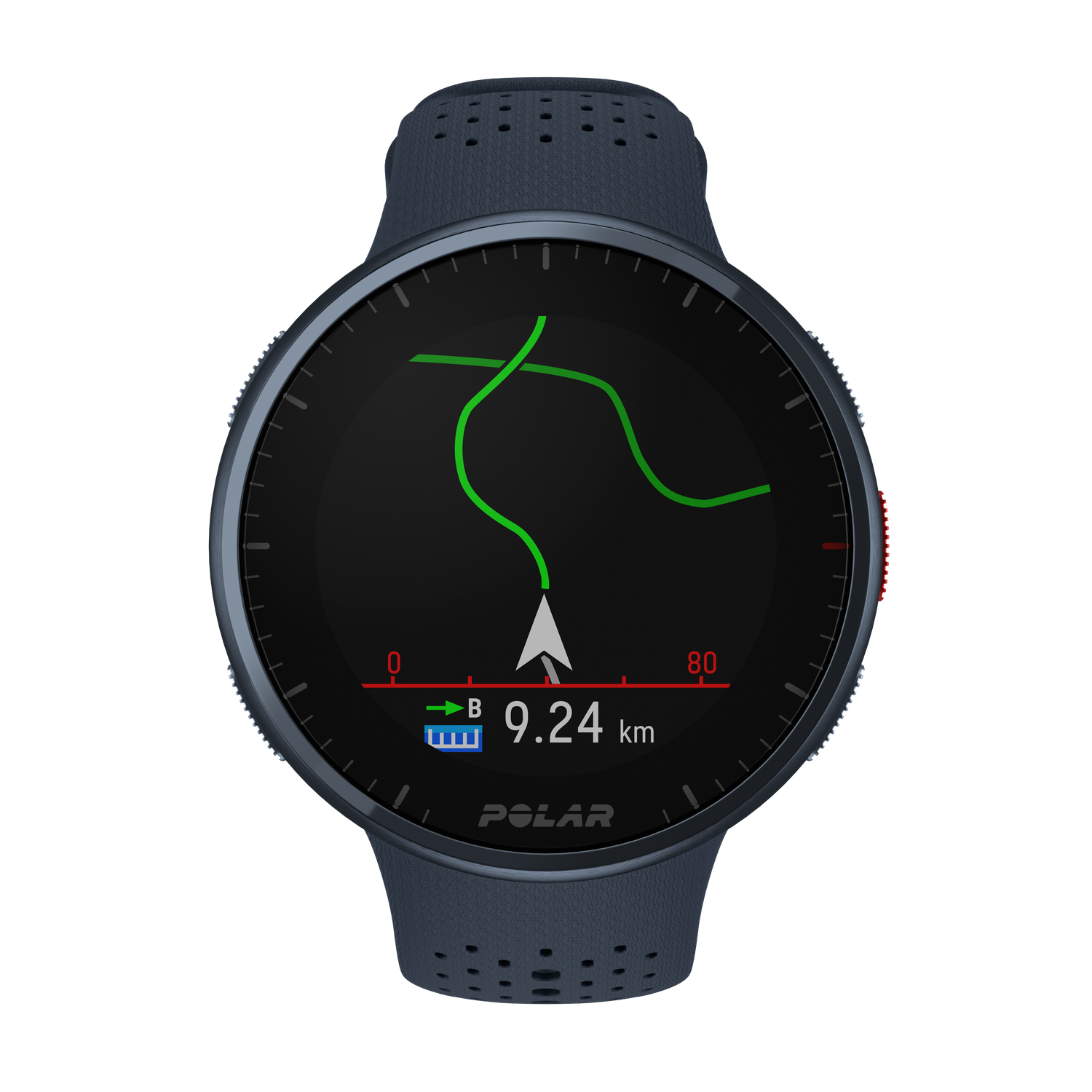 Un smartwatch Polar que muestra un mapa de ruta, distancia y nivel de batería. Tiene una correa azul oscuro.