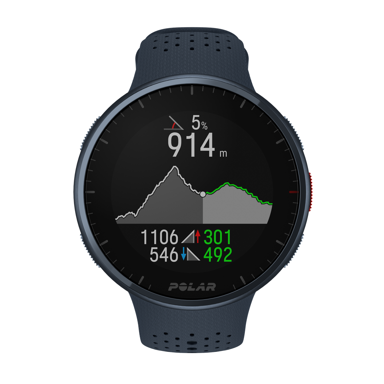 Pantalla de reloj inteligente que muestra datos de elevación. Muestra un gráfico y datos numéricos.