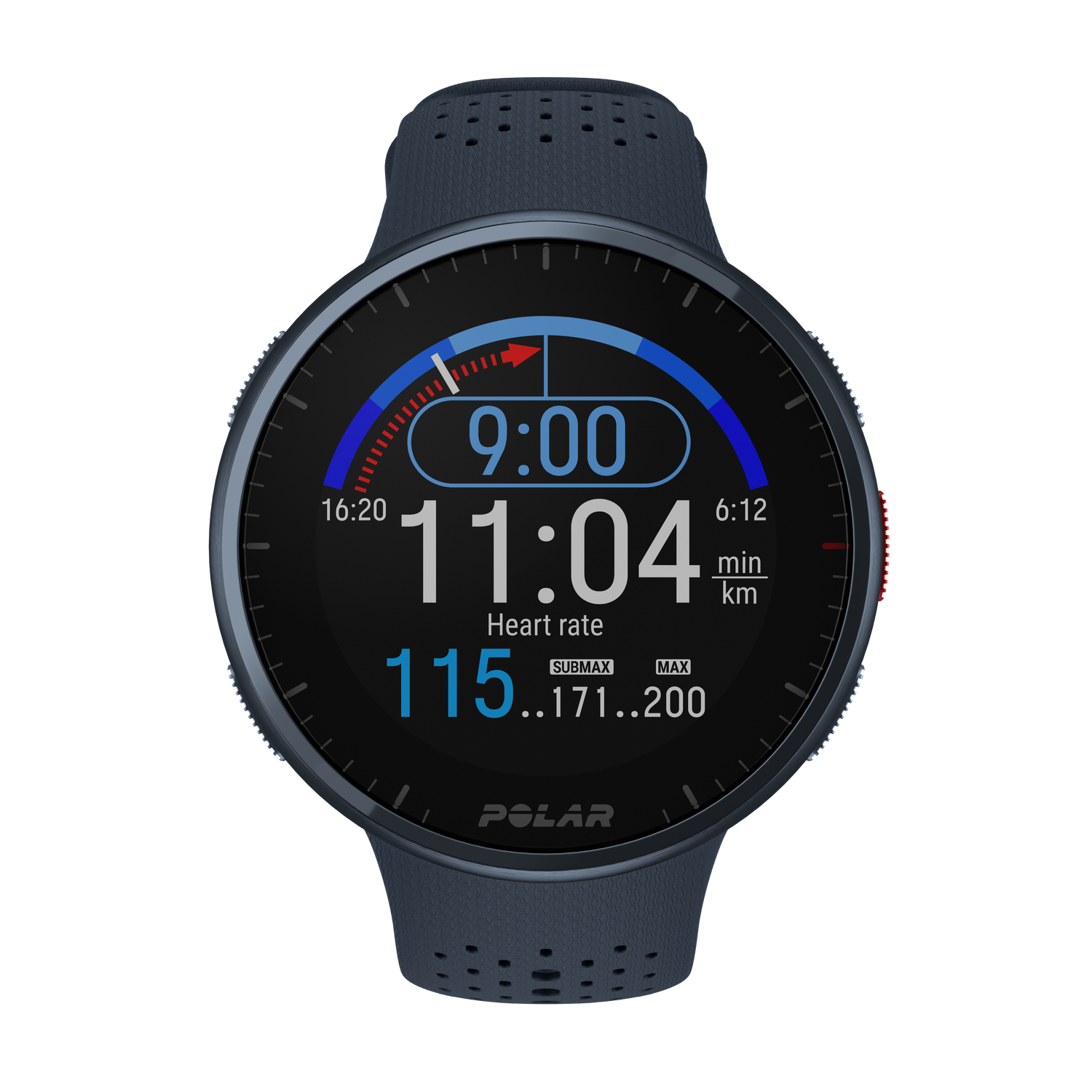 Reloj Polar azul oscuro con datos de tiempo y frecuencia cardíaca. El reloj tiene una correa azul oscuro.