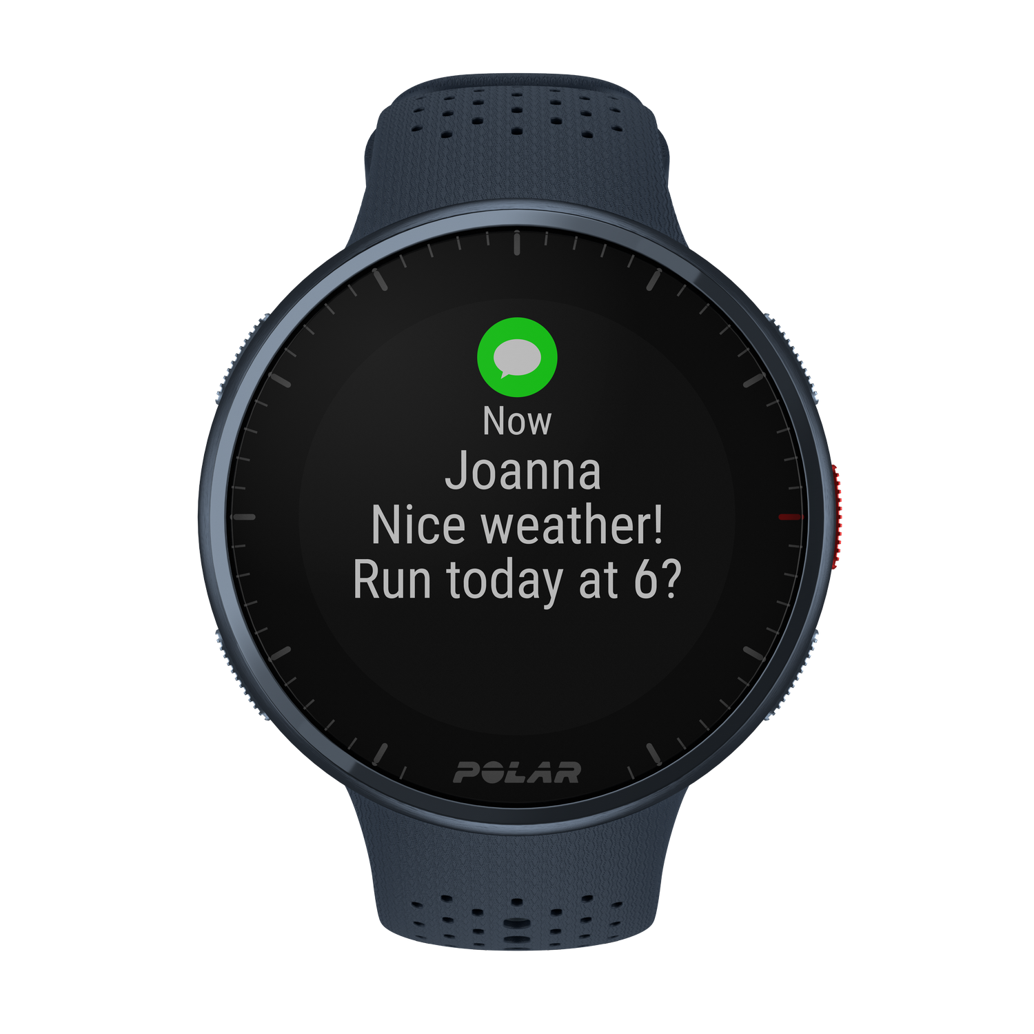 Smartwatch Polar mostrando un mensaje: "Joanna, ¡Buen tiempo! ¿Correr hoy a las 6?"