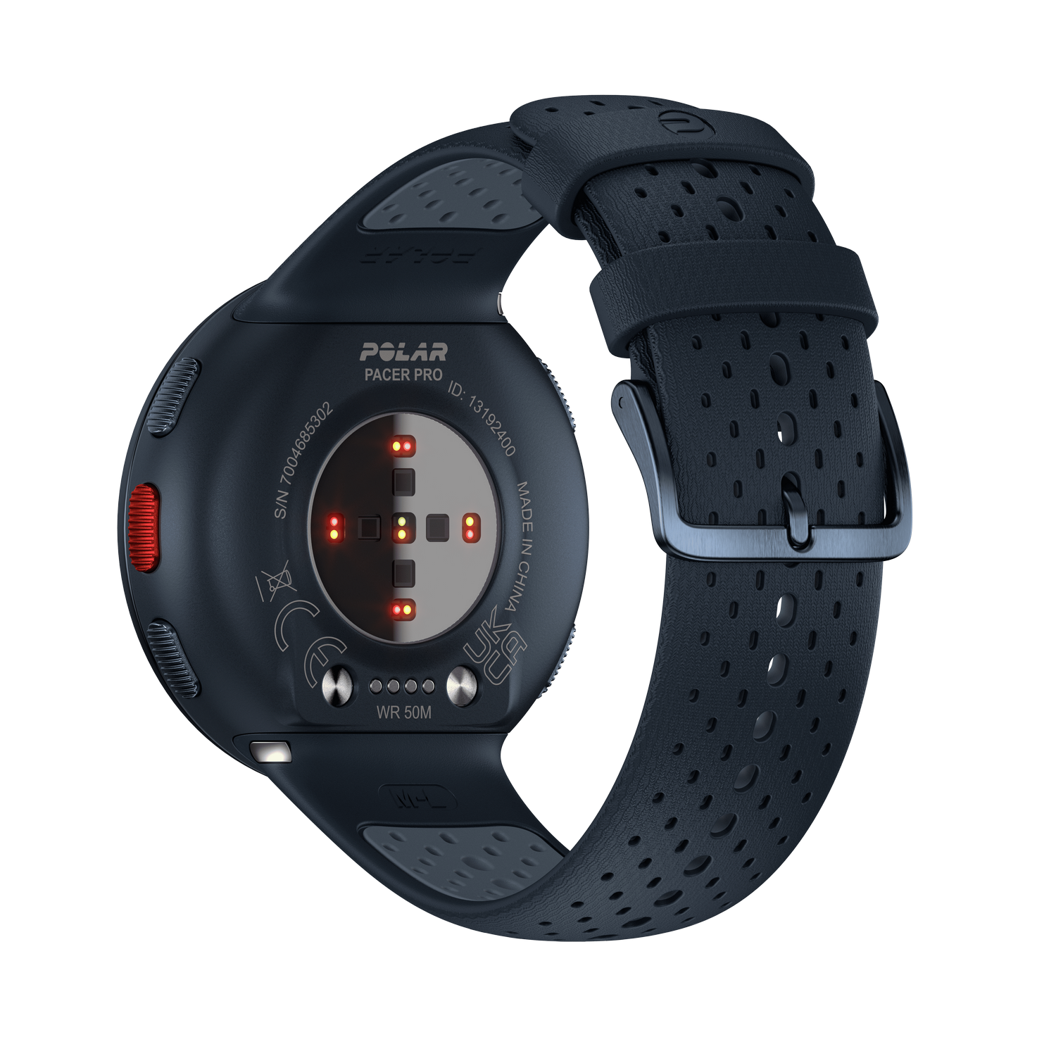 Un reloj Polar Pacer Pro, vista trasera, azul oscuro, con sensores y correa.
