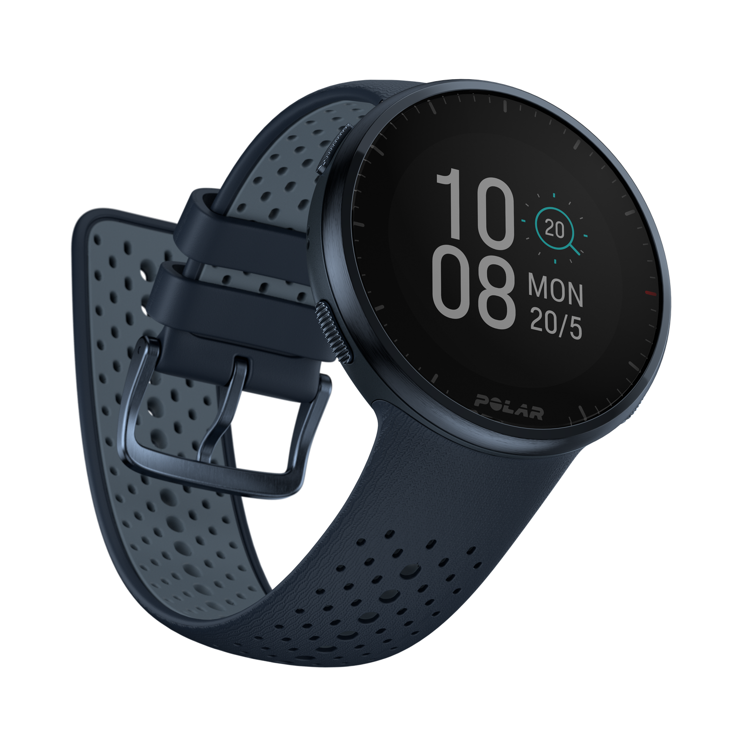 Un reloj inteligente Polar negro con correa azul oscuro, que muestra la hora y la fecha en su pantalla.