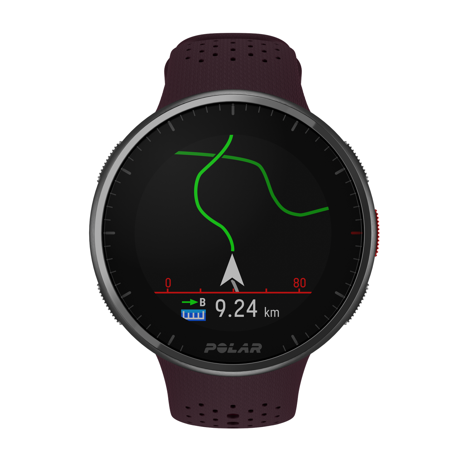 Smartwatch Polar con pantalla que muestra una ruta de mapa y distancia, en una correa granate.