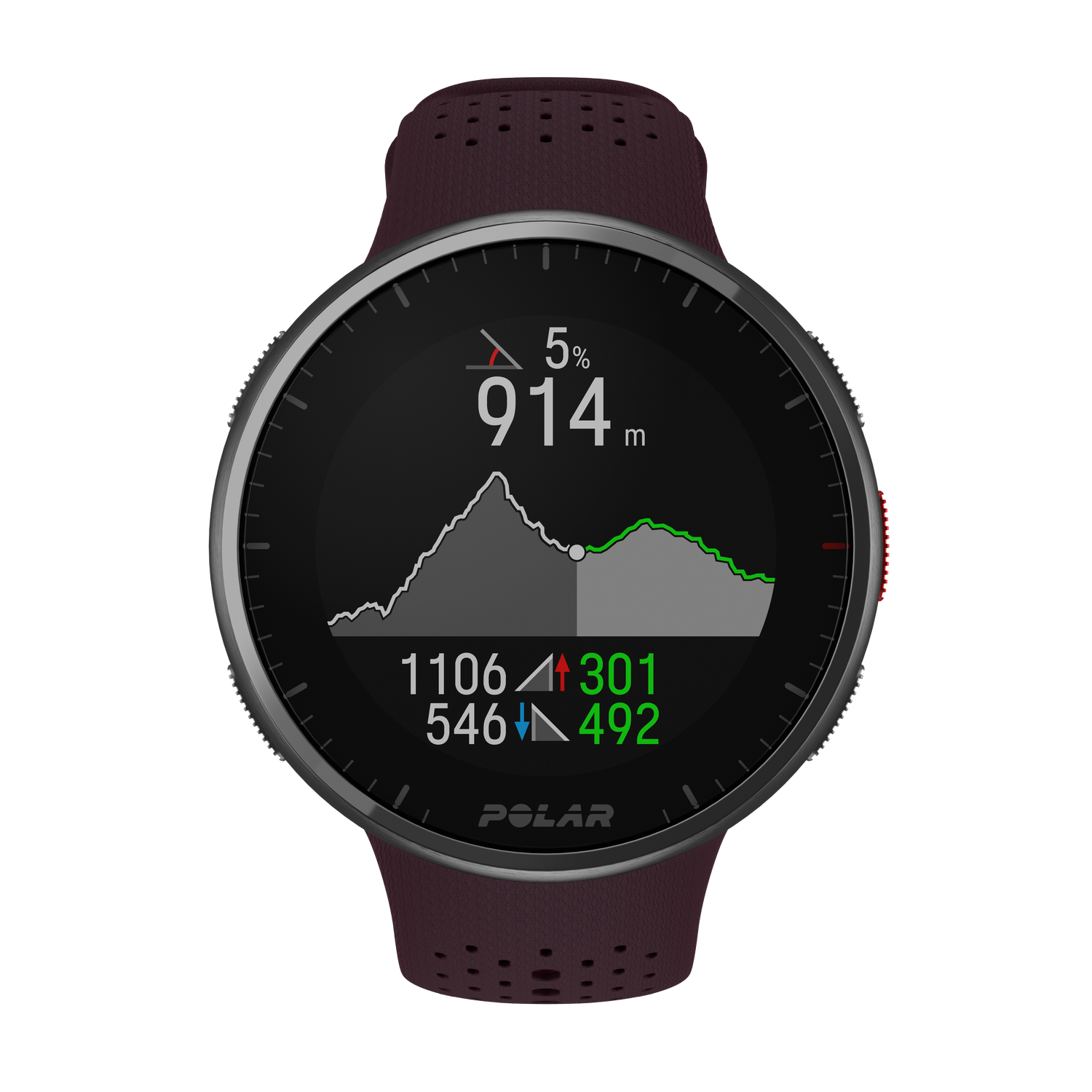 Un reloj inteligente Polar negro que muestra un gráfico de elevación y otras métricas de carrera.