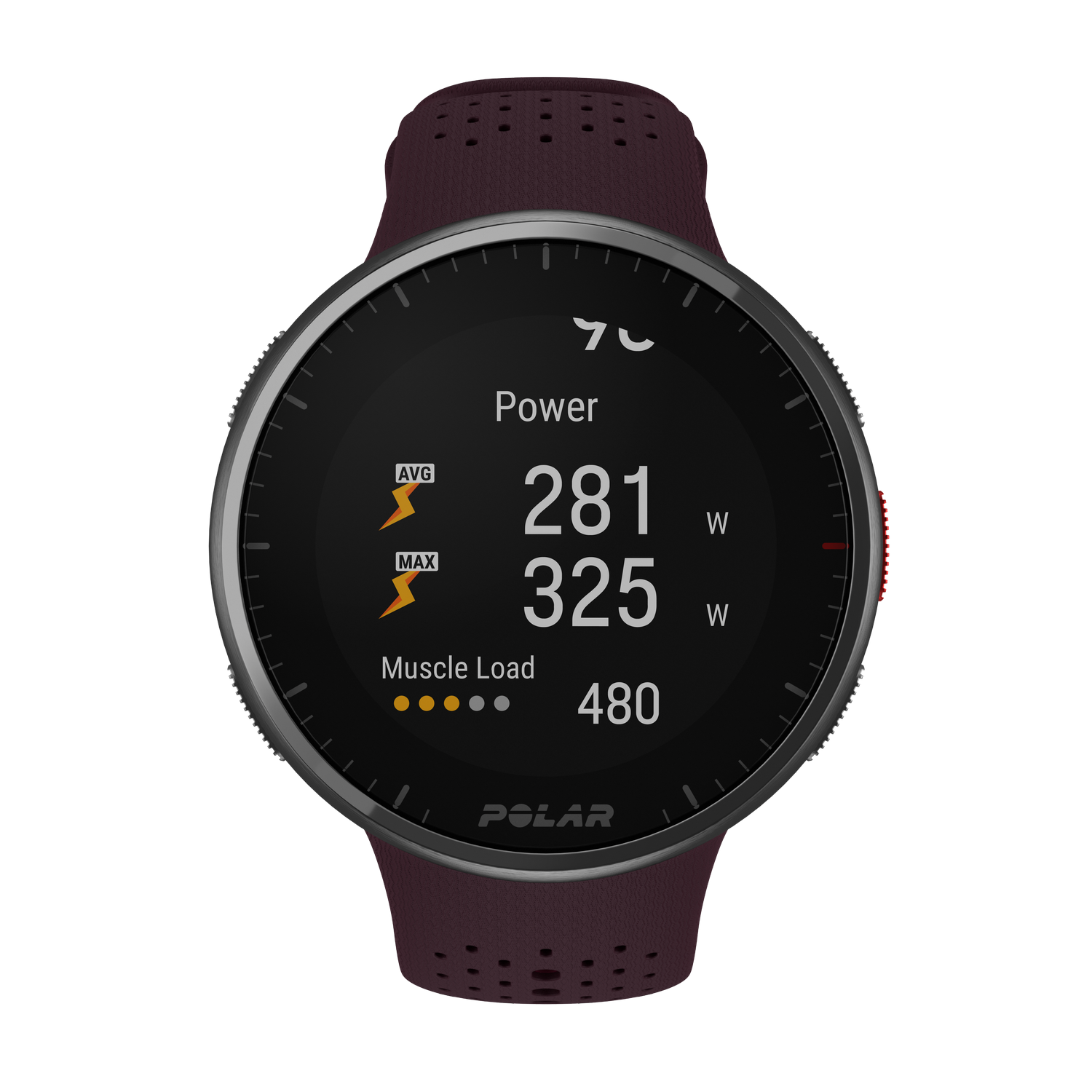 Un reloj inteligente negro y gris muestra datos de entrenamiento: potencia, carga muscular y frecuencia cardíaca.