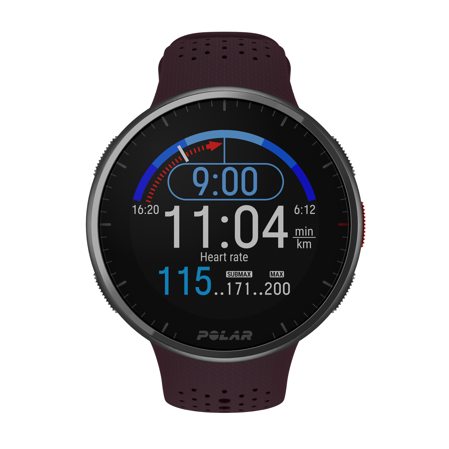 Un reloj deportivo Polar granate y negro con la hora mostrada. El reloj está sobre un fondo negro.