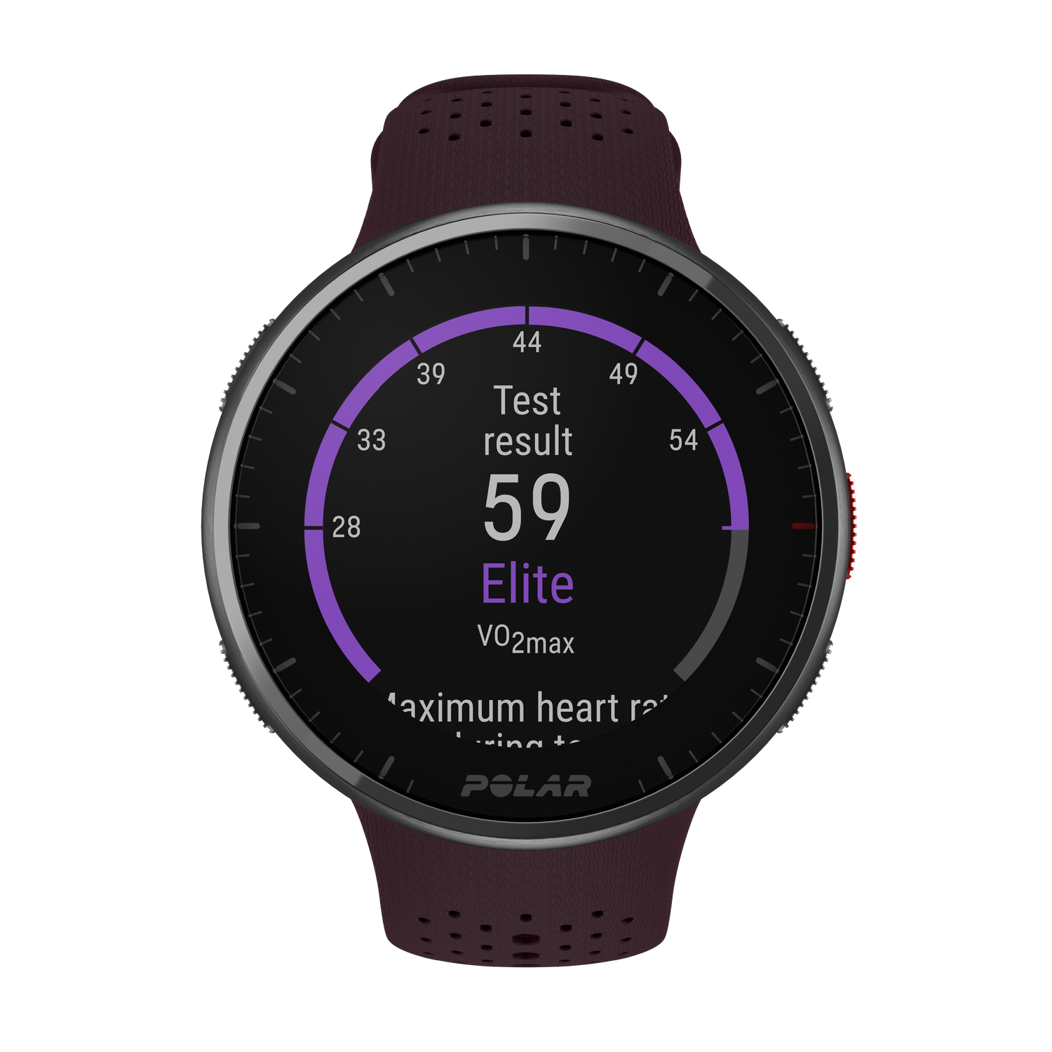 Un smartwatch que muestra datos de frecuencia cardíaca. El reloj es de color morado oscuro.