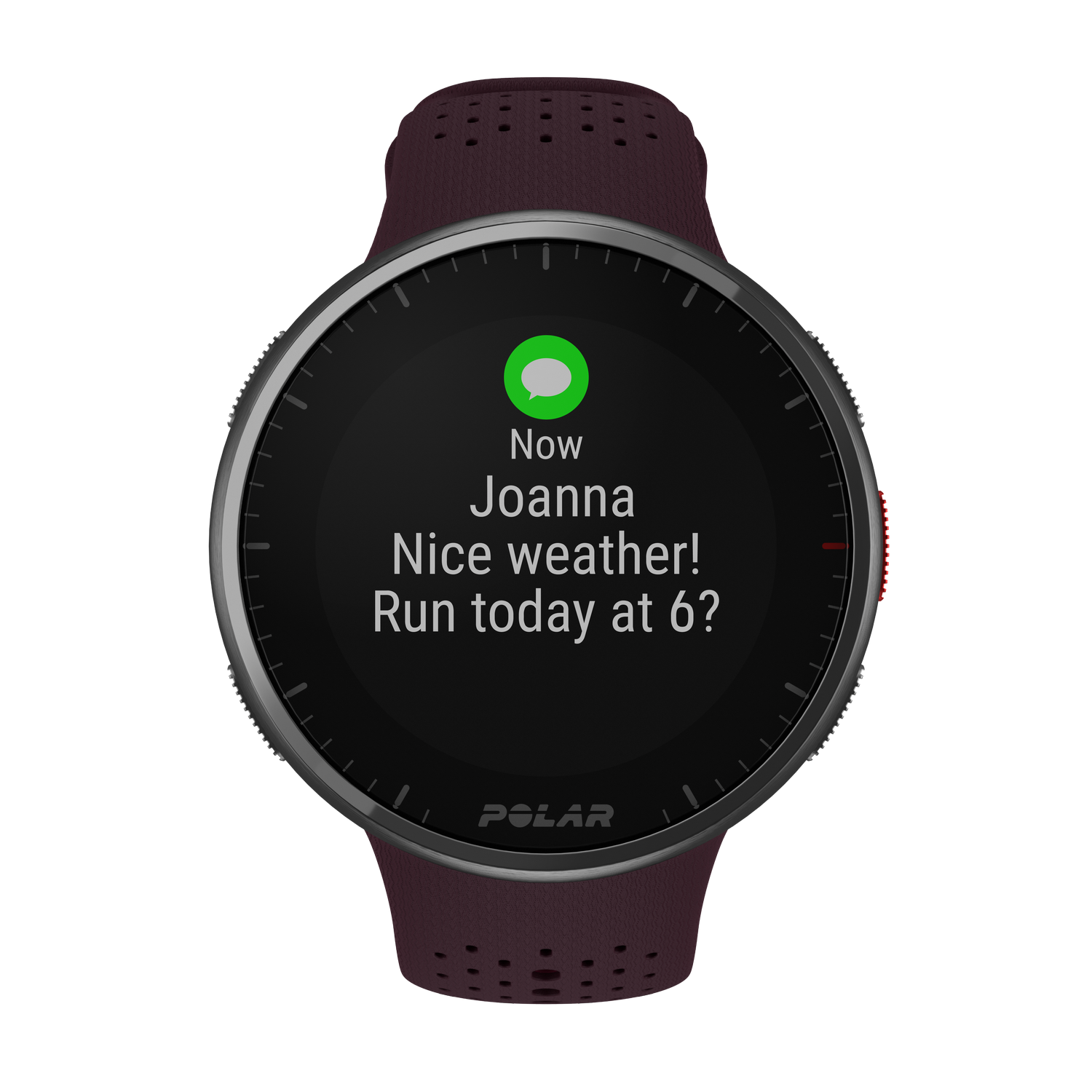 Un reloj inteligente que muestra un mensaje de Joanna sobre correr con buen tiempo.