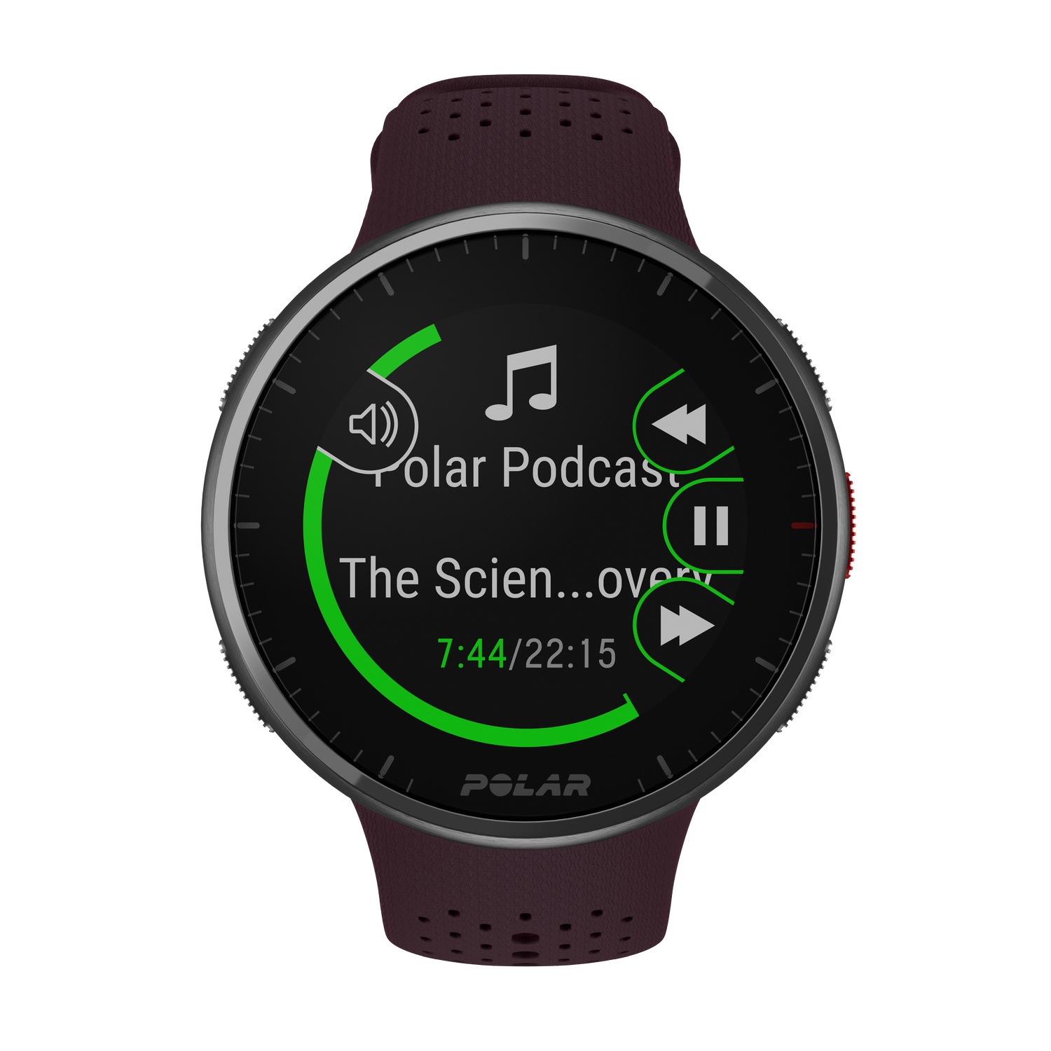 Un reloj inteligente Polar que muestra controles de música y la hora, 7:44/22:15.