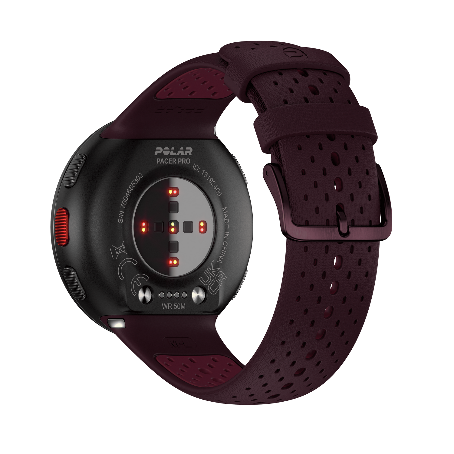 Parte trasera del reloj Polar Pacer Pro negro con correa burdeos oscuro.