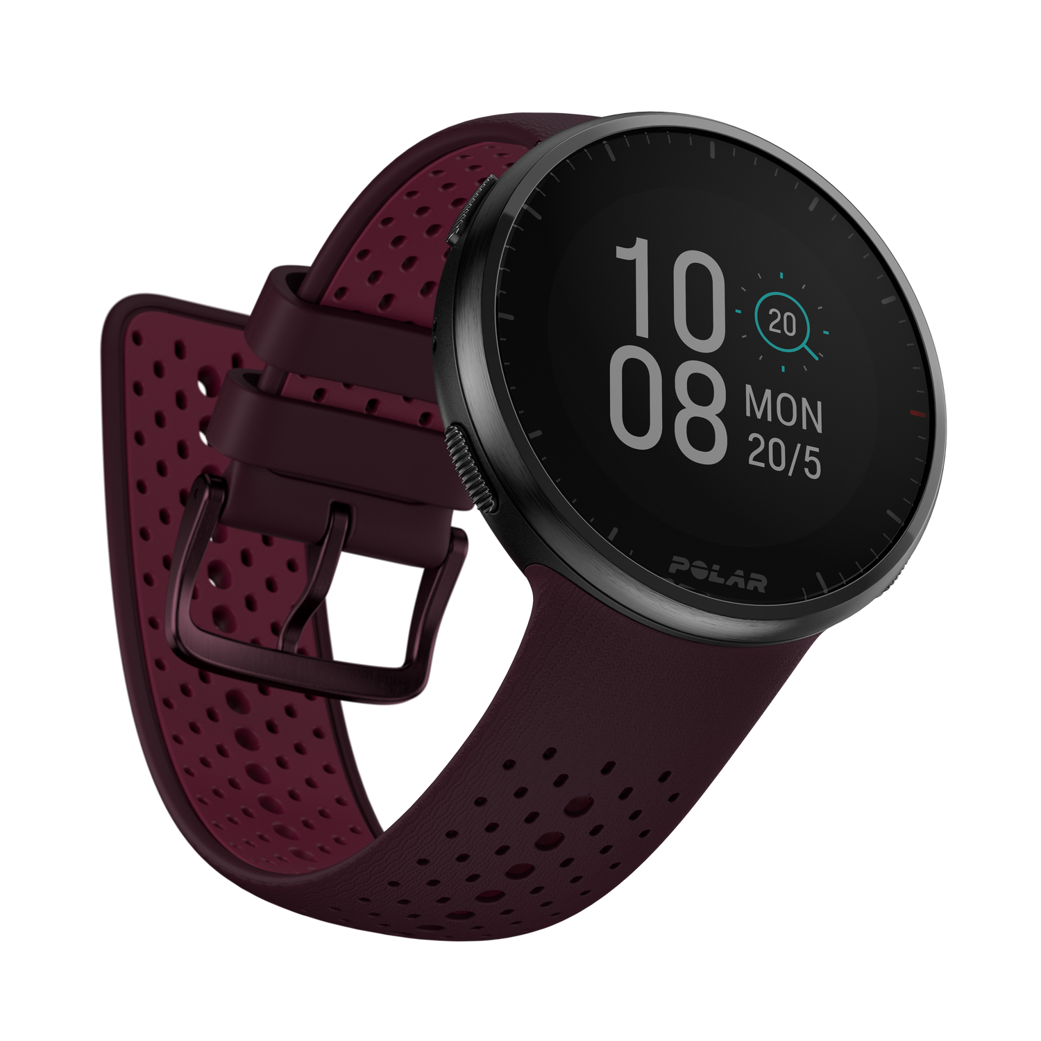 Reloj inteligente Polar granate y negro con pantalla redonda. Fecha y hora visibles.