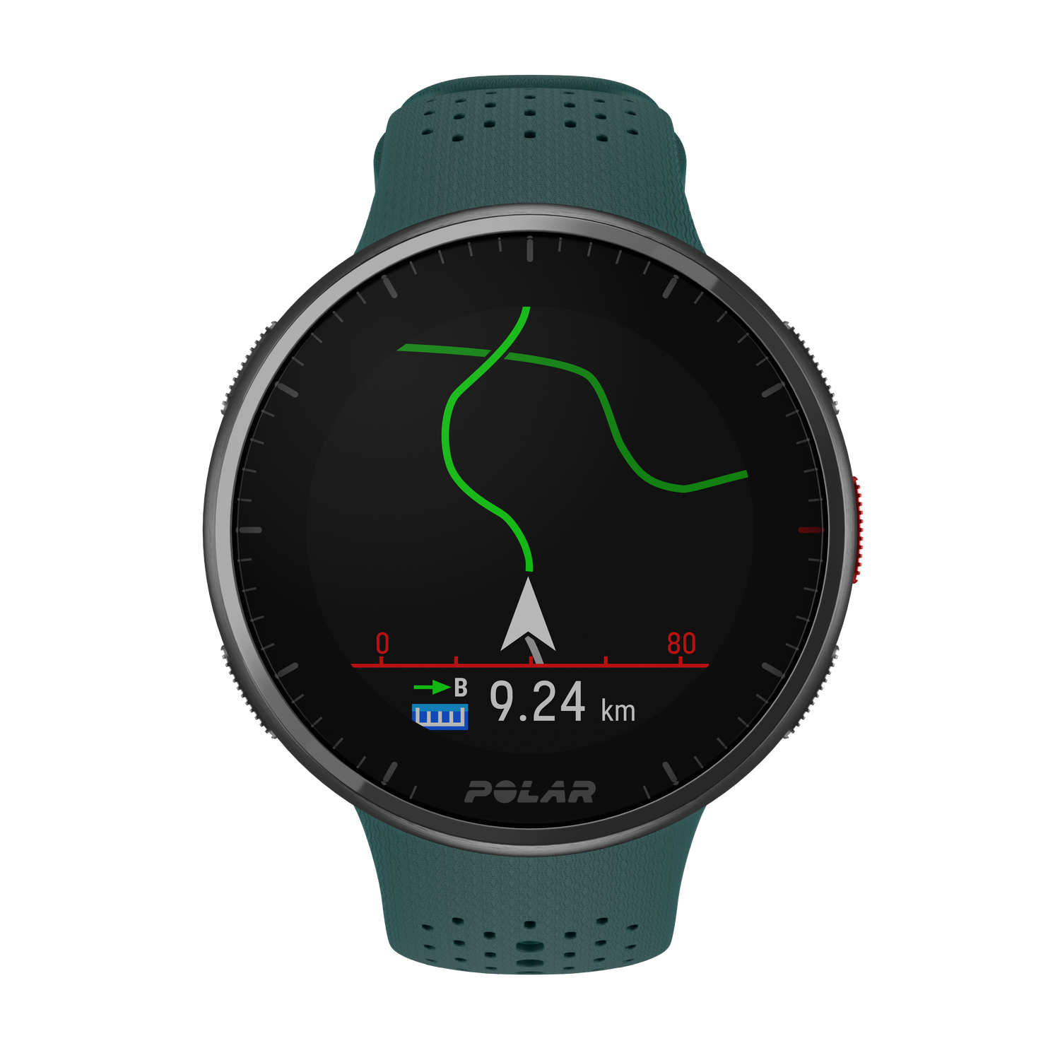 Un smartwatch Polar con correa verde, mostrando un mapa de ruta y datos de actividad.